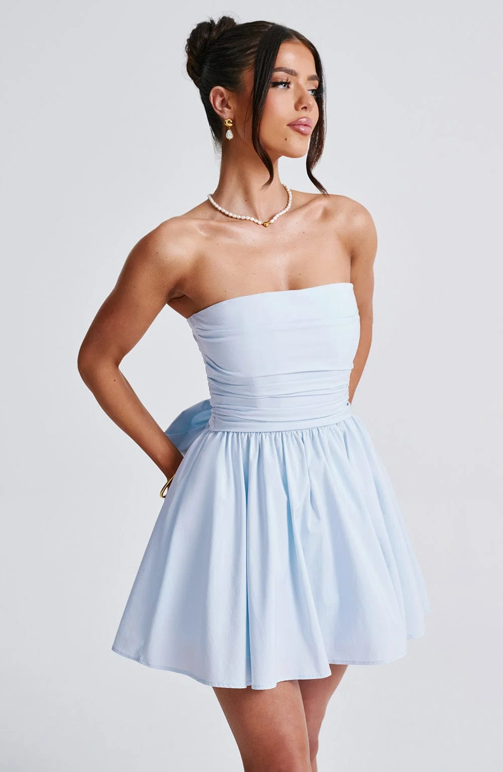 Blue Strapless Mini Dress with Oversized Bow Detail
