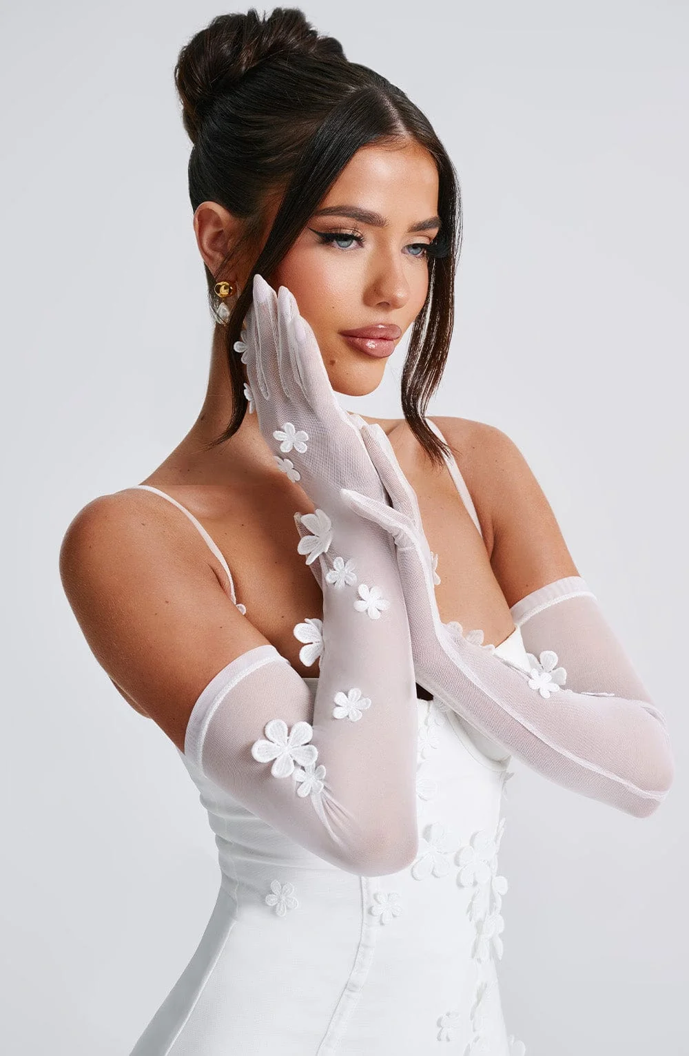 Ivory Applique Mesh Elbow-Length Dress Gloves