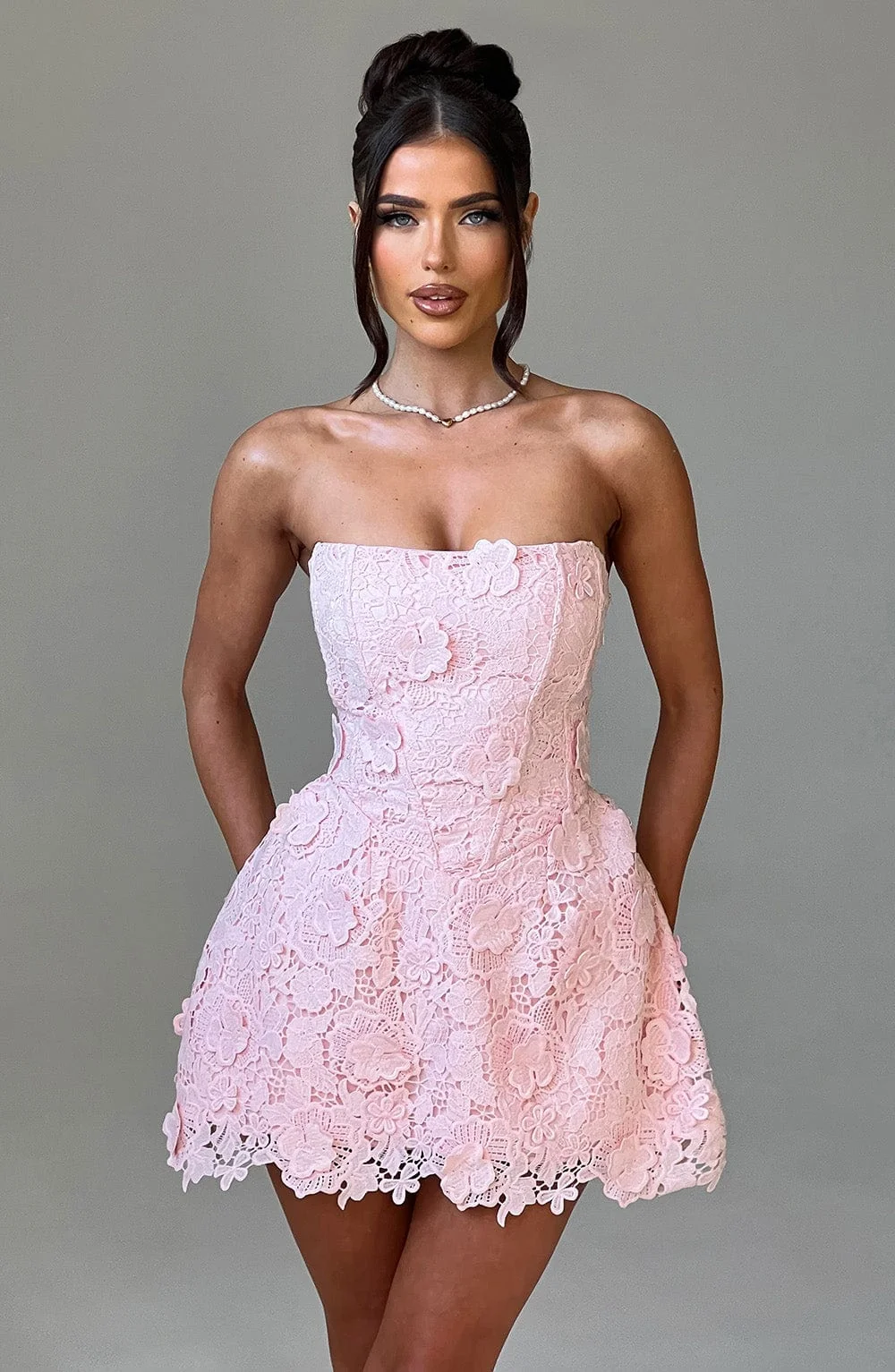 Blush Lace Mini Dress - Strapless Luxury Floral Style