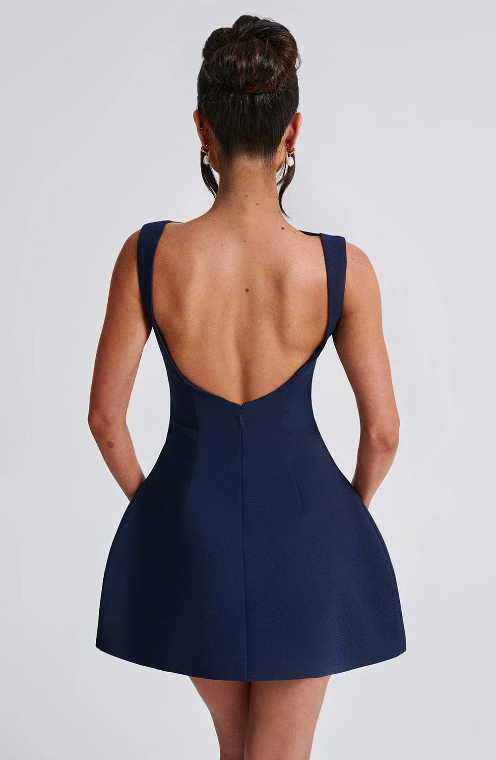 Navy Premium Crepe Mini Dress with High Neck and Voluminous Skirt