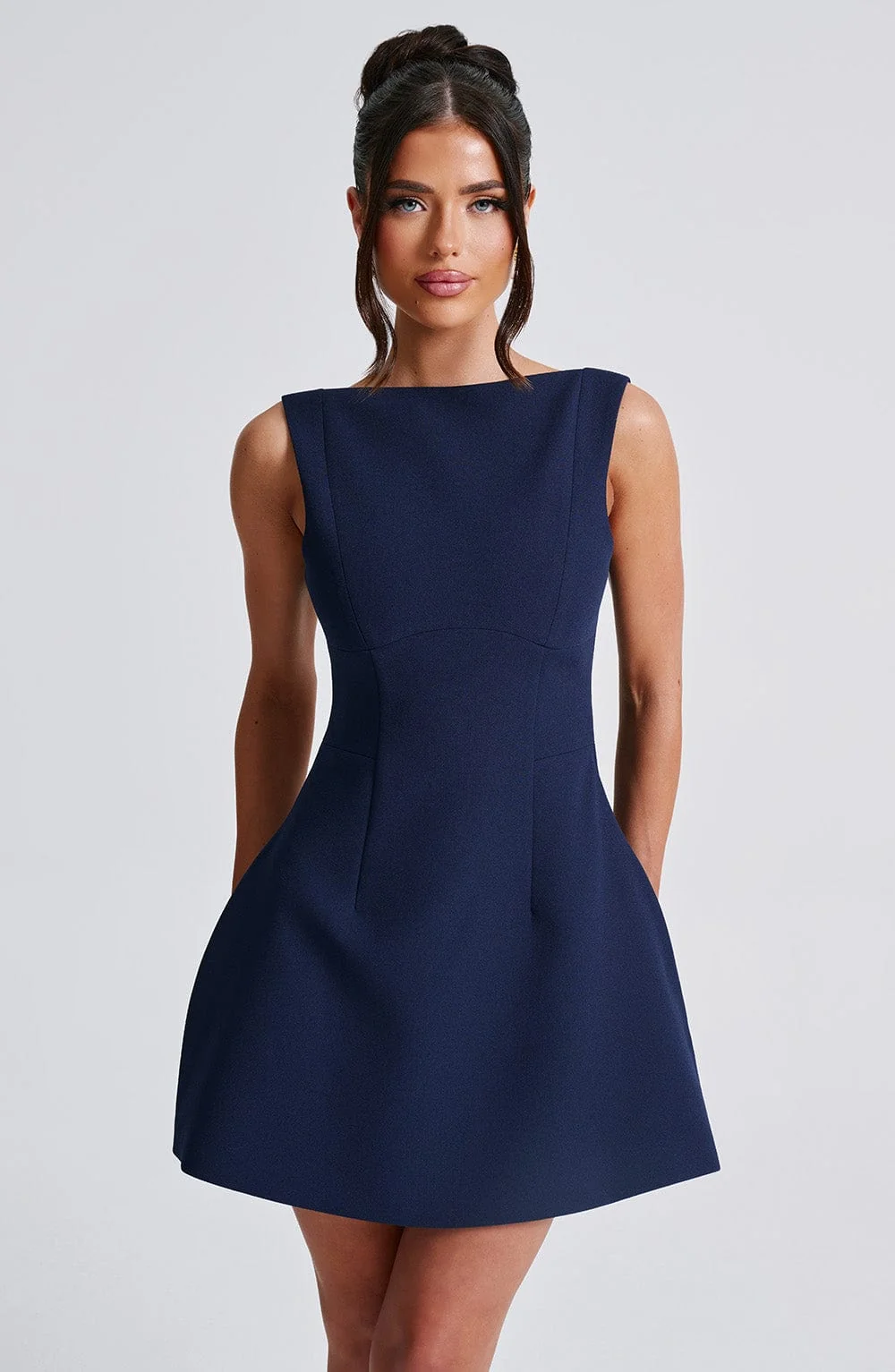 Navy Premium Crepe Mini Dress with High Neck and Voluminous Skirt