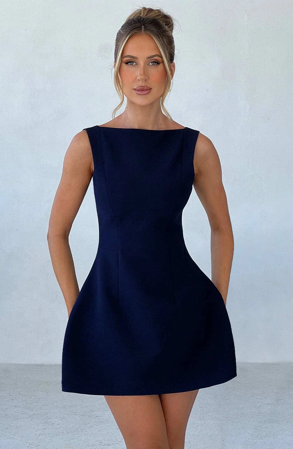 Navy Premium Crepe Mini Dress with High Neck and Voluminous Skirt