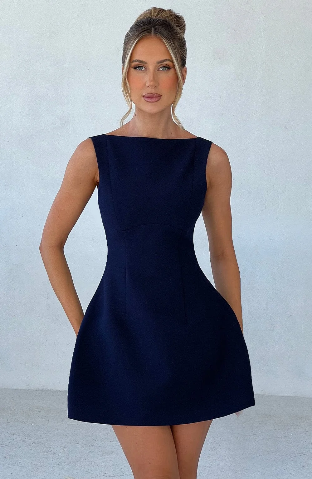 Navy Premium Crepe Mini Dress with High Neck and Voluminous Skirt