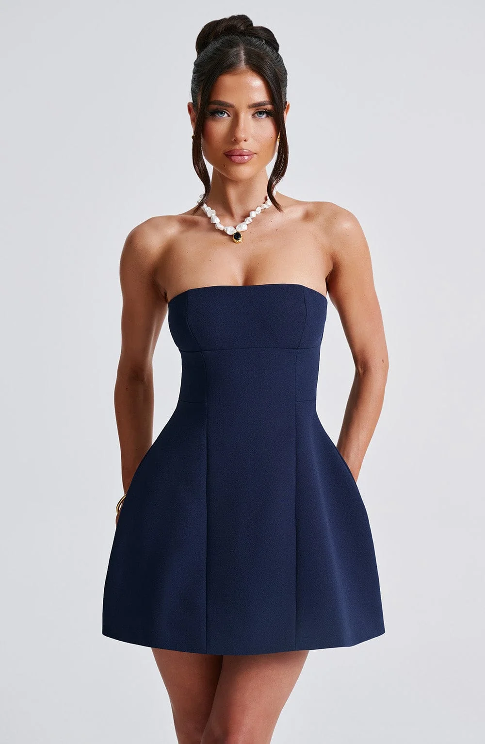 Navy Strapless Bubblehem Mini Dress - Premium Crepe Material