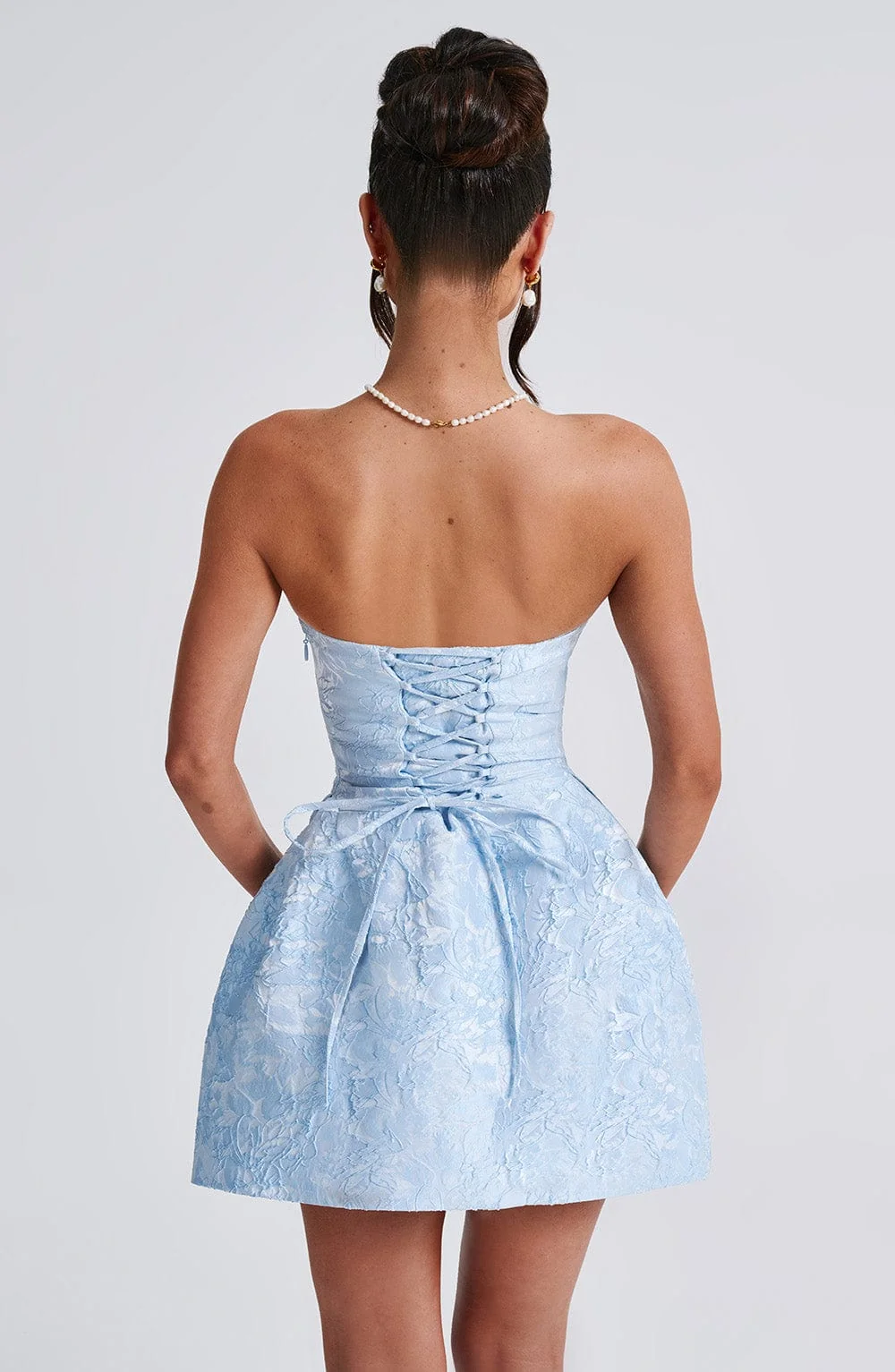 Blue Floral Jacquard Mini Dress with Detachable Bow - Strapless Style