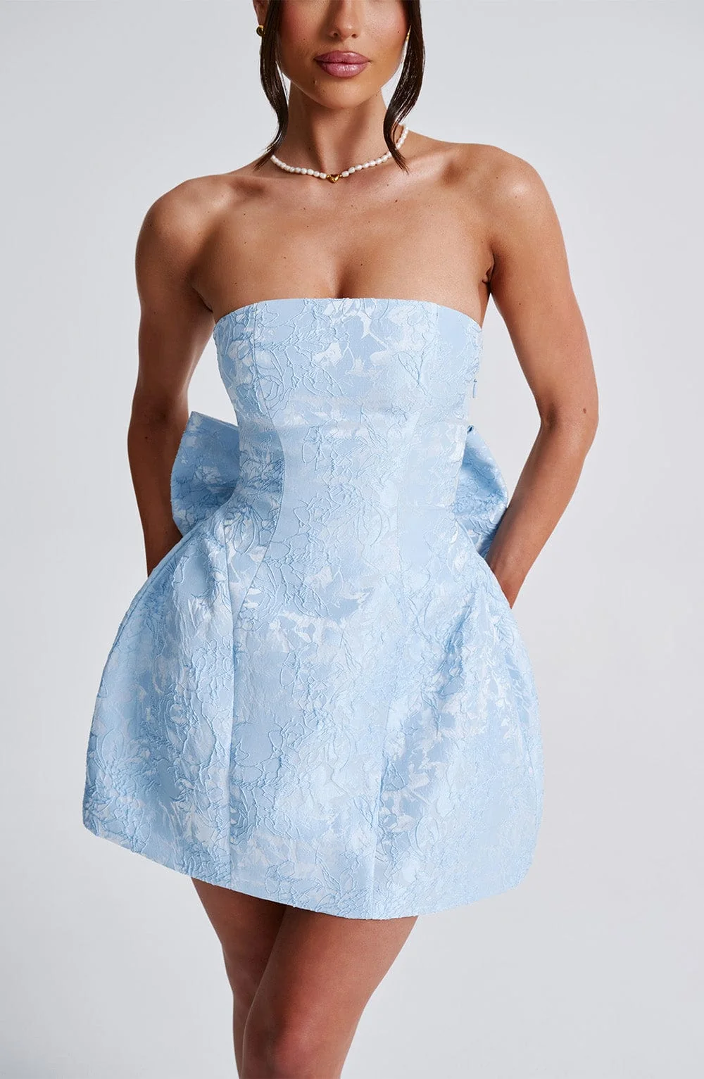 Blue Floral Jacquard Mini Dress with Detachable Bow - Strapless Style