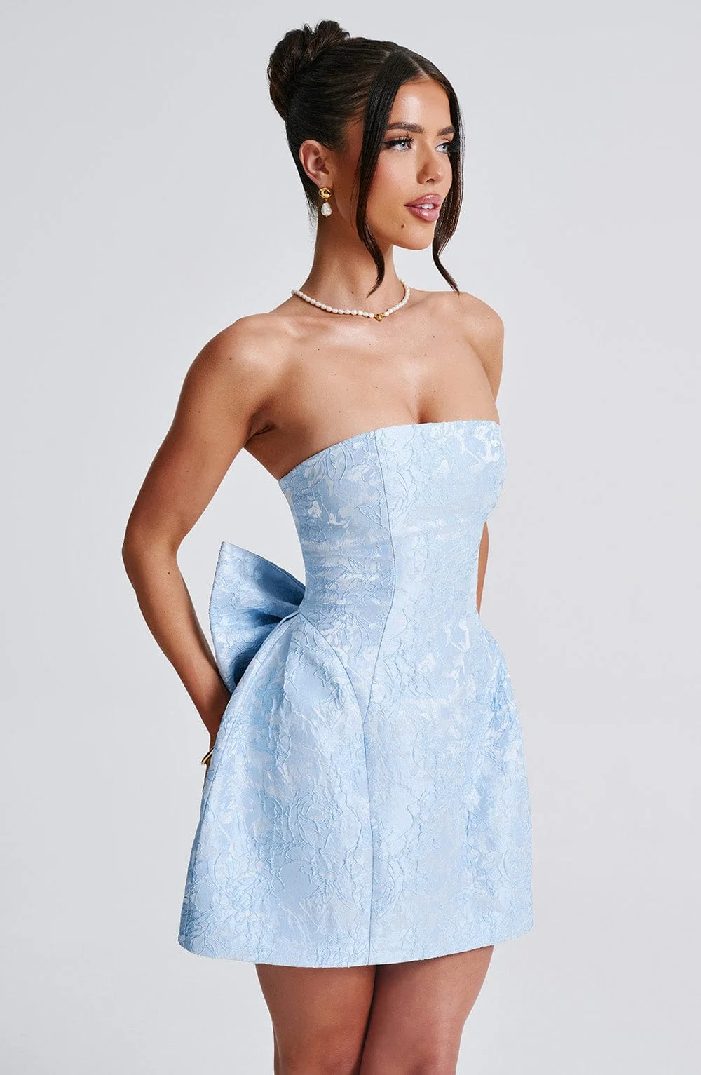 Blue Floral Jacquard Mini Dress with Detachable Bow - Strapless Style