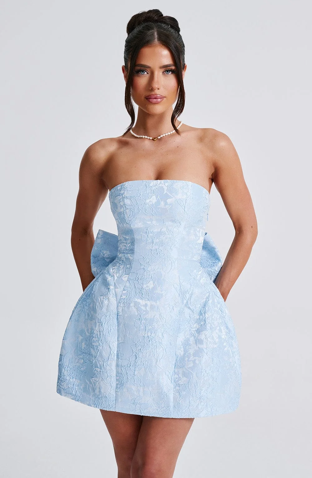 Blue Floral Jacquard Mini Dress with Detachable Bow - Strapless Style
