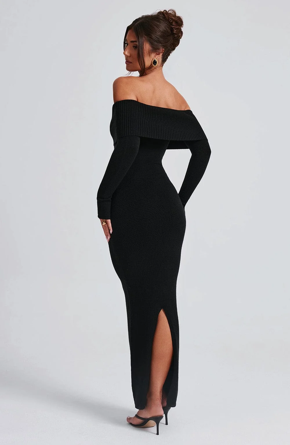 Black Knit Off-Shoulder Maxi Dress - Premium Fabric