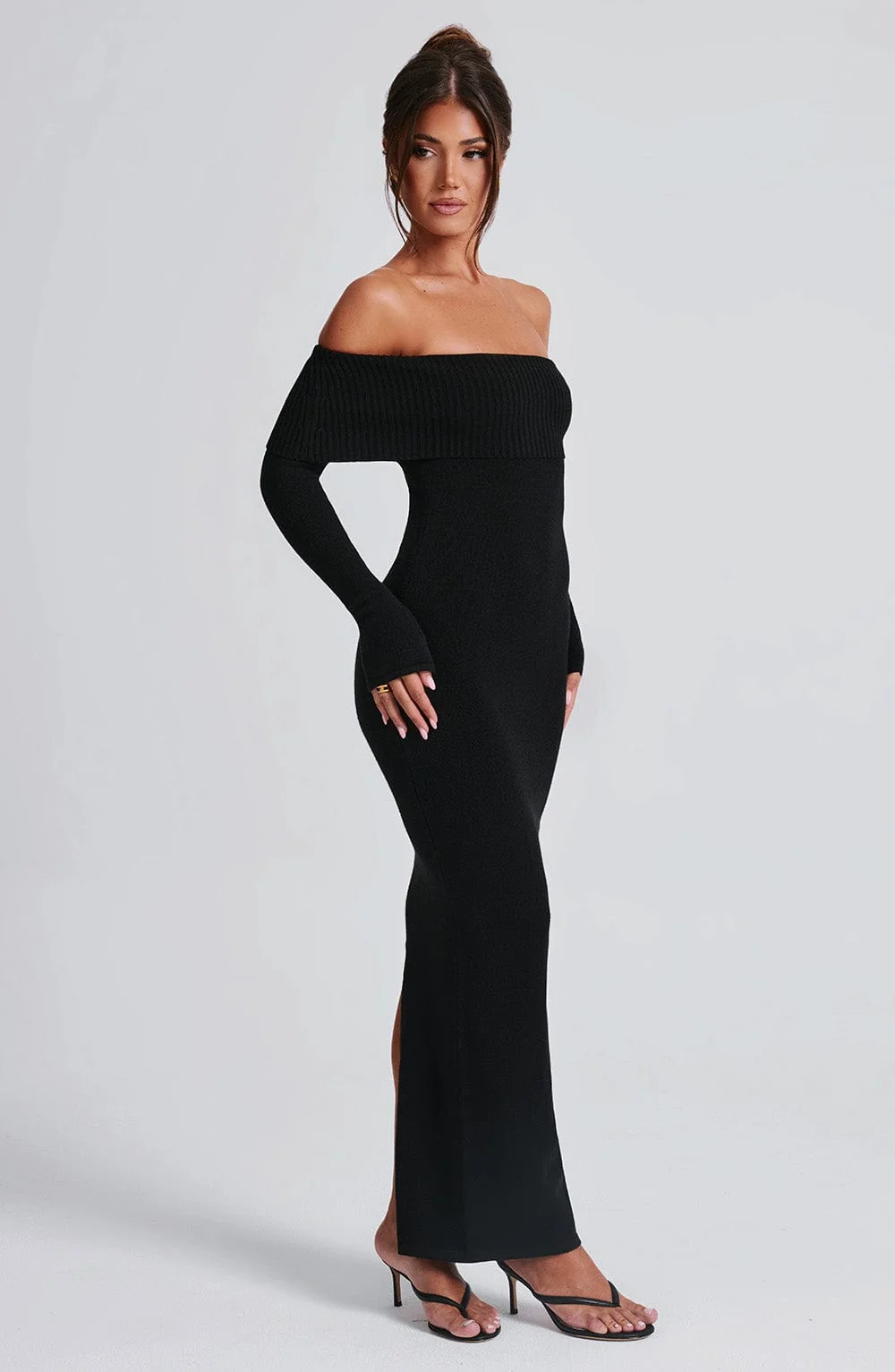 Black Knit Off-Shoulder Maxi Dress - Premium Fabric