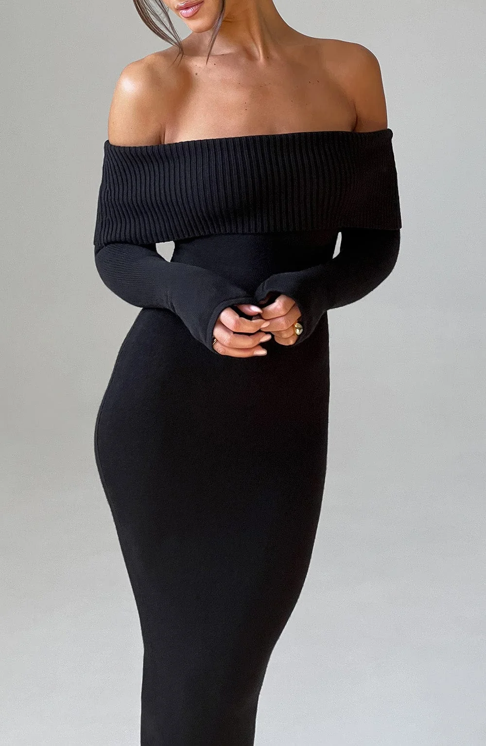 Black Knit Off-Shoulder Maxi Dress - Premium Fabric