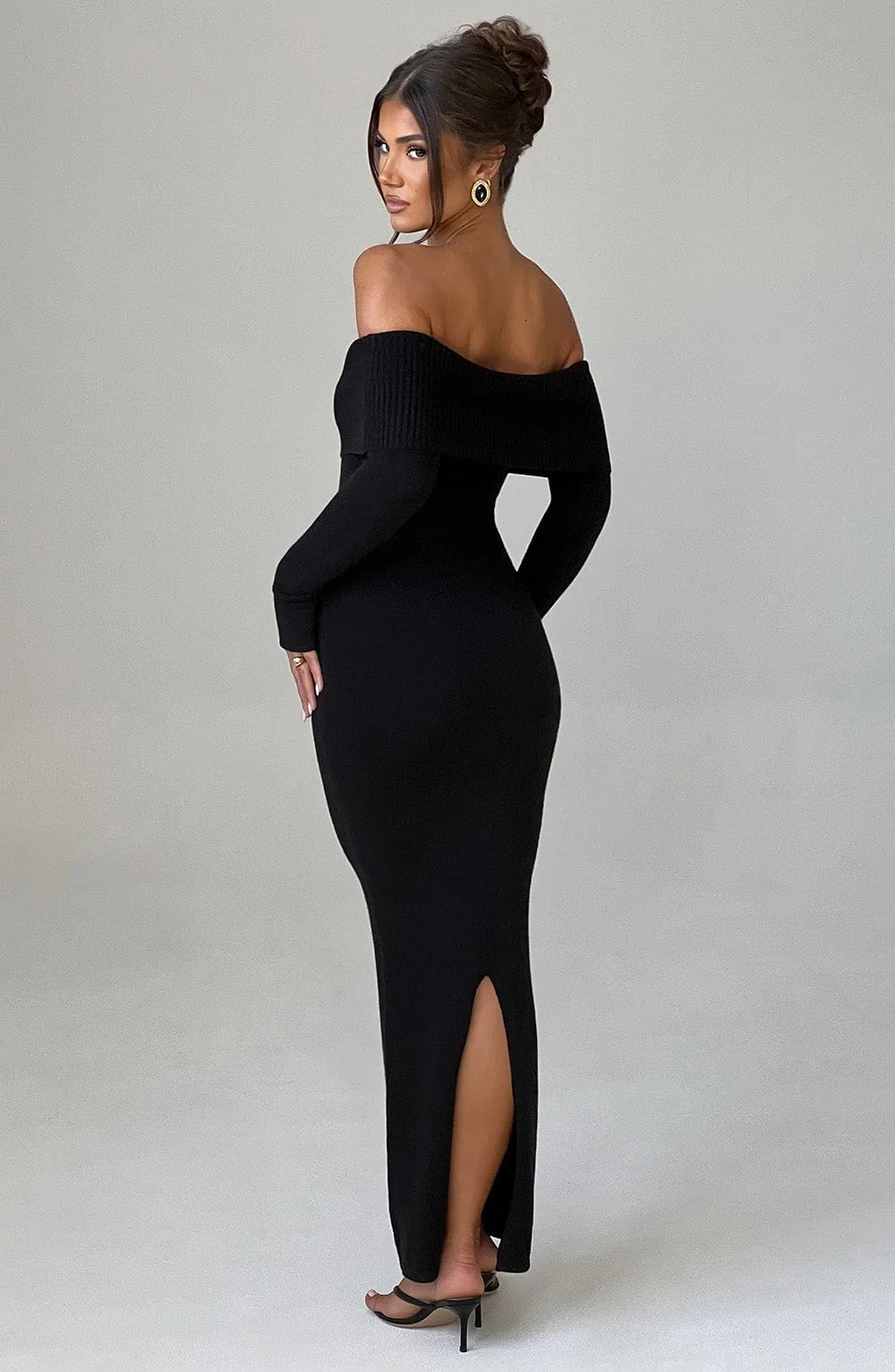 Black Knit Off-Shoulder Maxi Dress - Premium Fabric