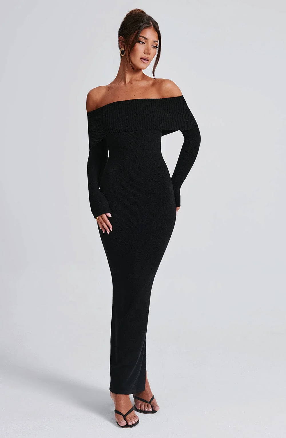 Black Knit Off-Shoulder Maxi Dress - Premium Fabric