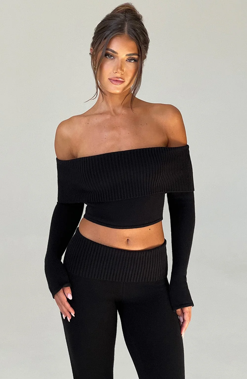 Black Knit Top with Fold Over Bardot Panel - Womens Crop Fit