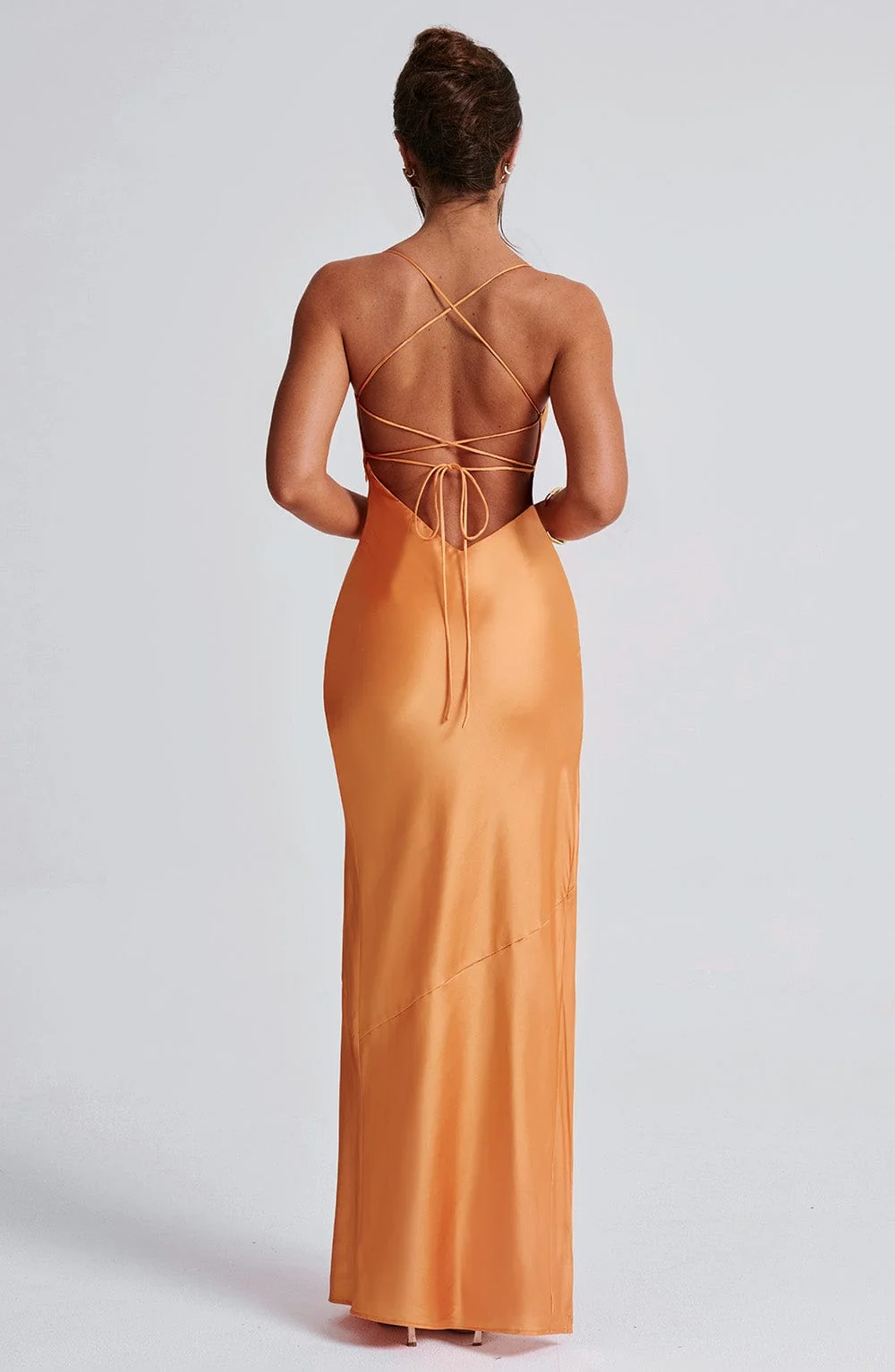 Tangerine Bias Cut Satin Maxi Dress with Low Back