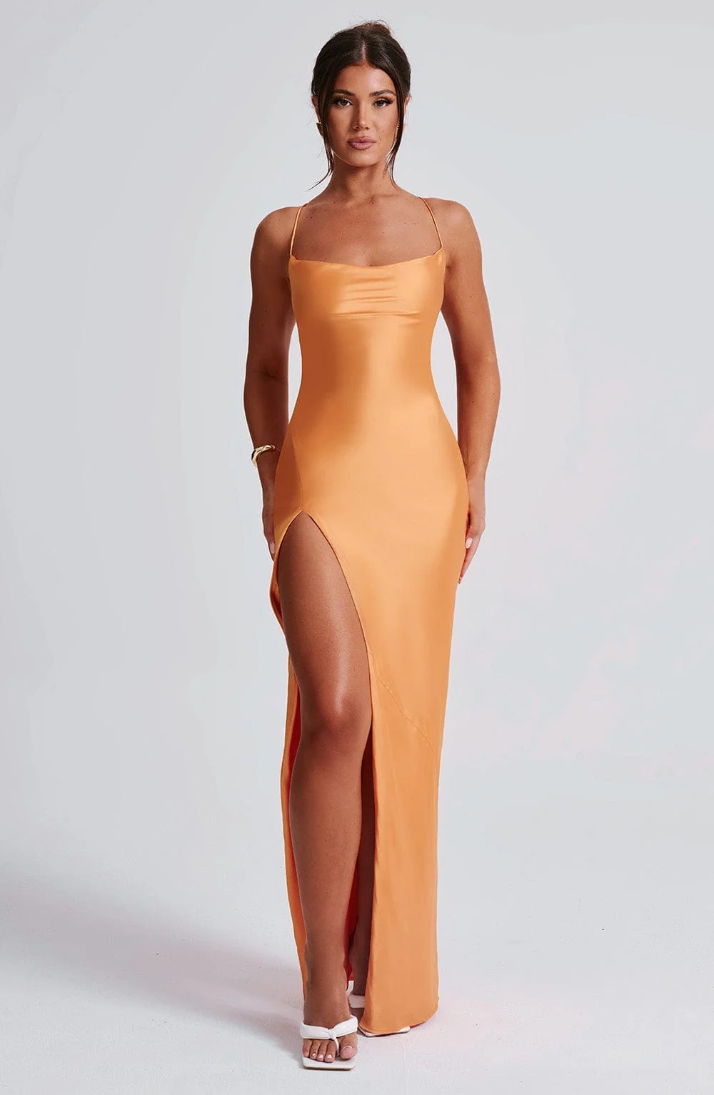 Tangerine Bias Cut Satin Maxi Dress with Low Back