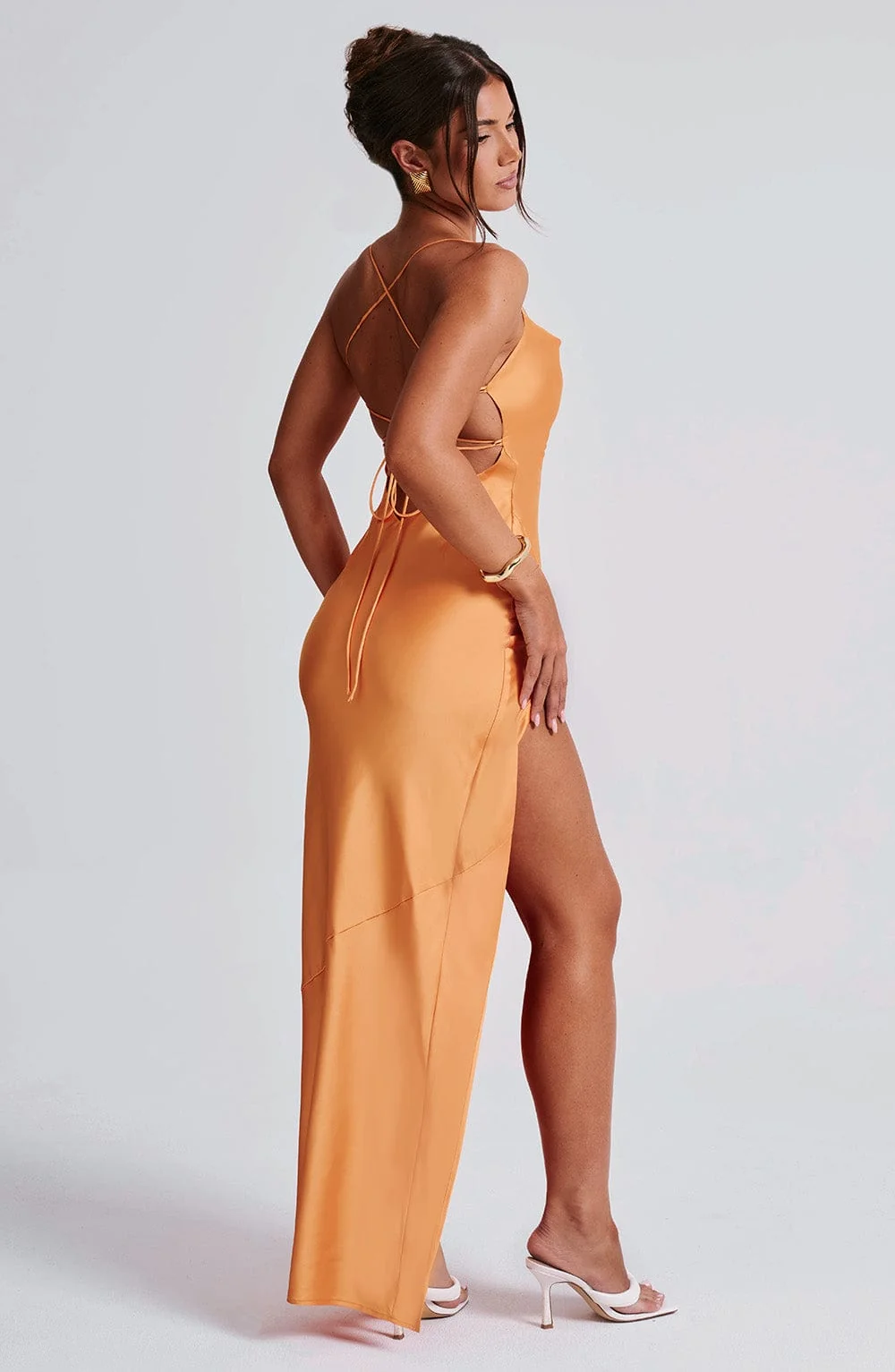 Tangerine Bias Cut Satin Maxi Dress with Low Back