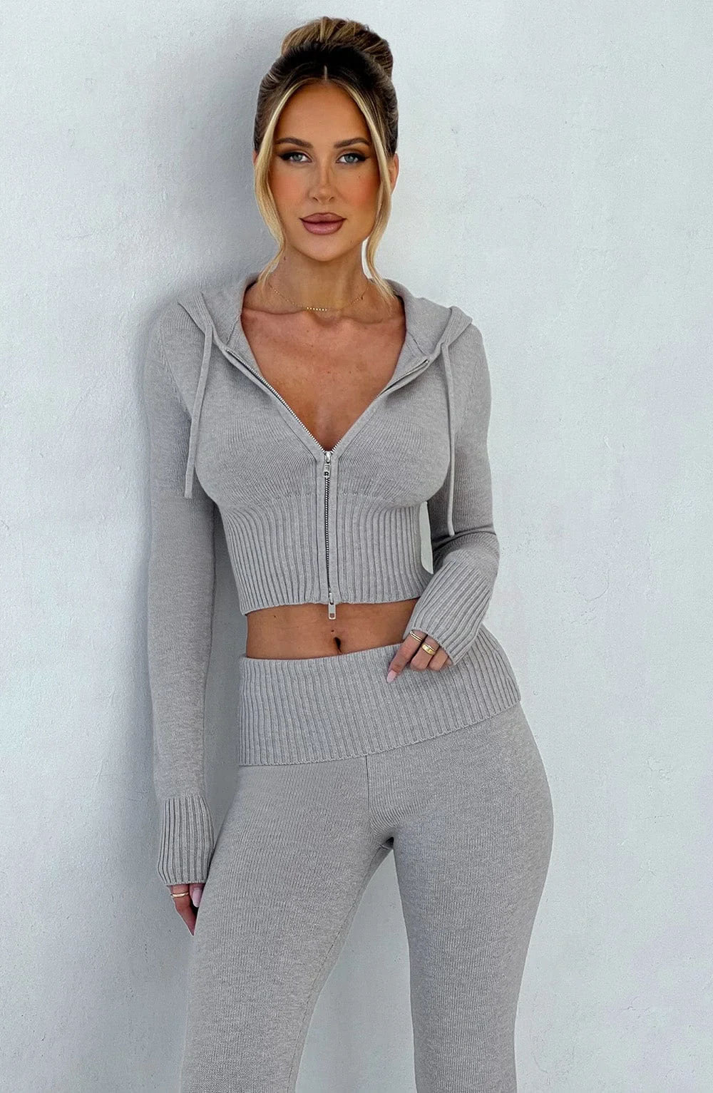 Light Grey Marl Knit Hoodie - Cropped Style