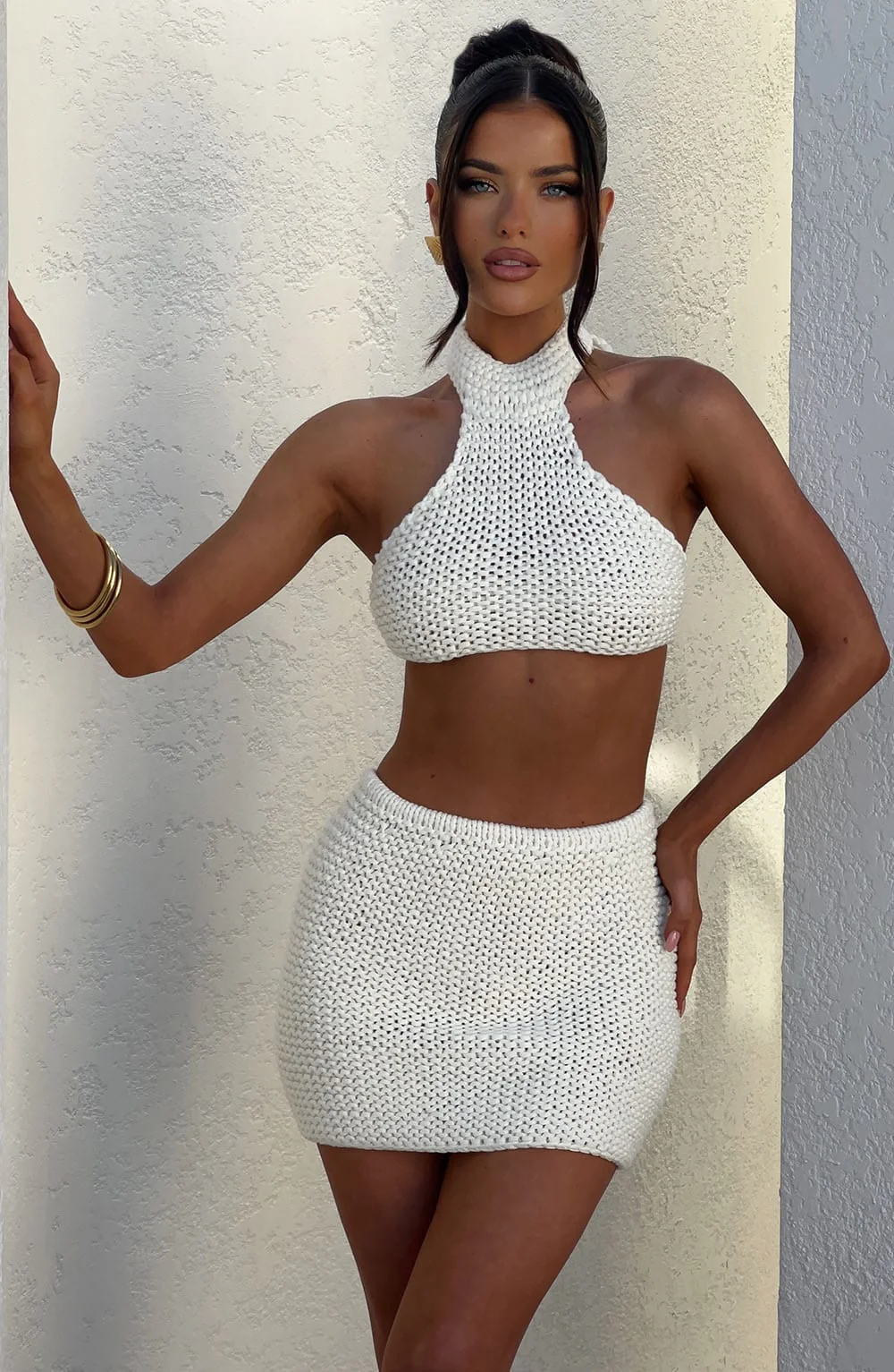 Ivory Chunky Knit Elastic Waistband Mini Skirt