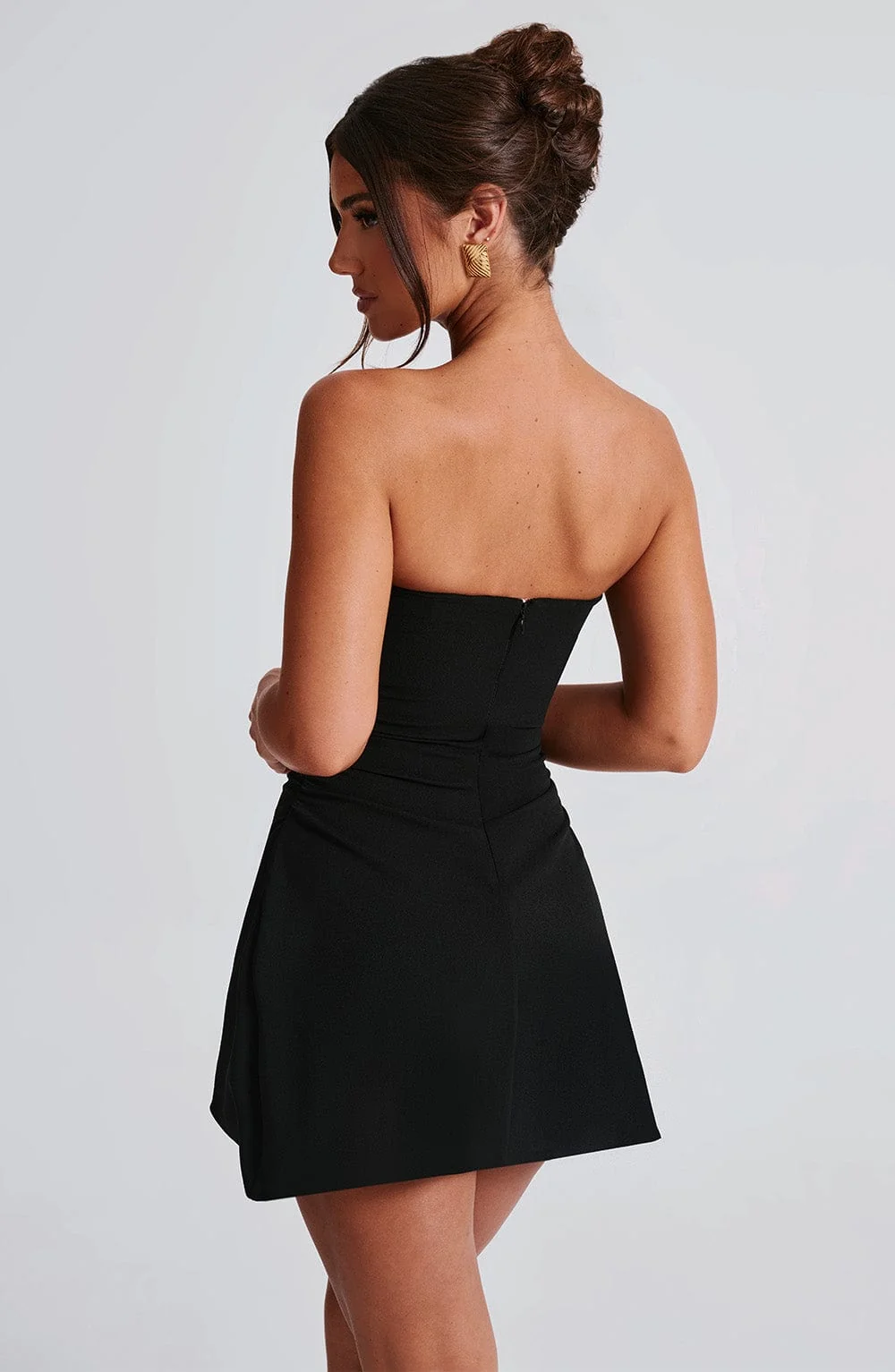 Flirty Black Mini Dress - Premium Stretch Crepe Strapless A-Line Design