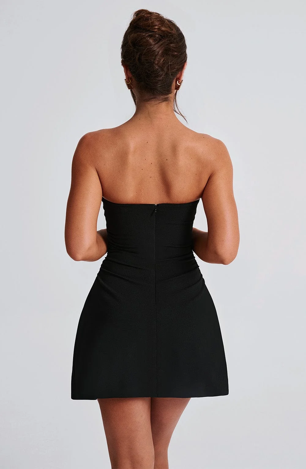 Flirty Black Mini Dress - Premium Stretch Crepe Strapless A-Line Design