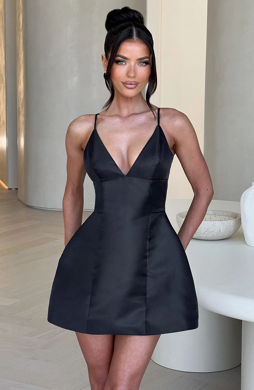 Black Satin Bubble Hem V-Neck Mini Dress