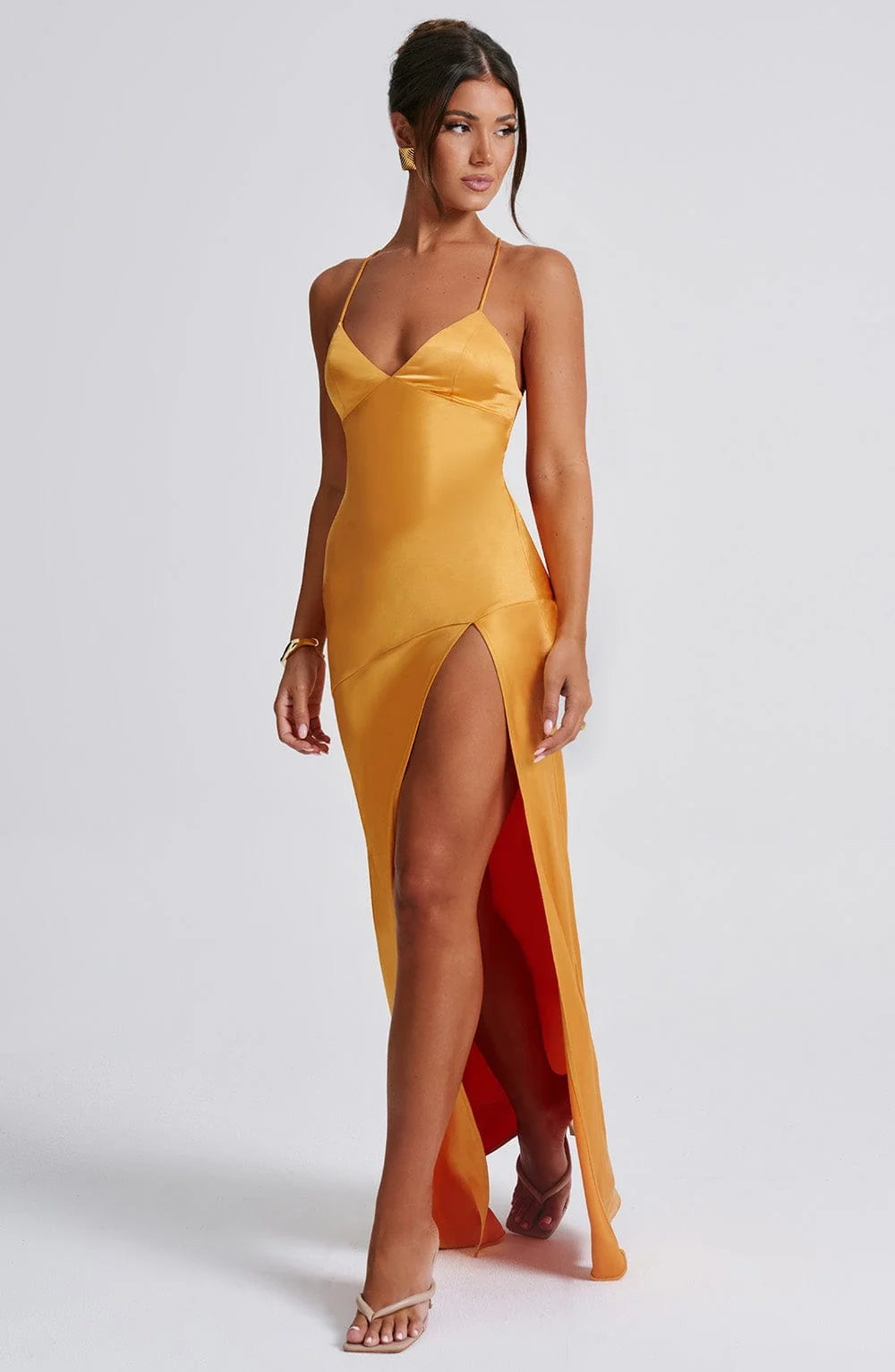 Tangerine Satin Maxi Dress - Plunge Neck & Thigh High Split
