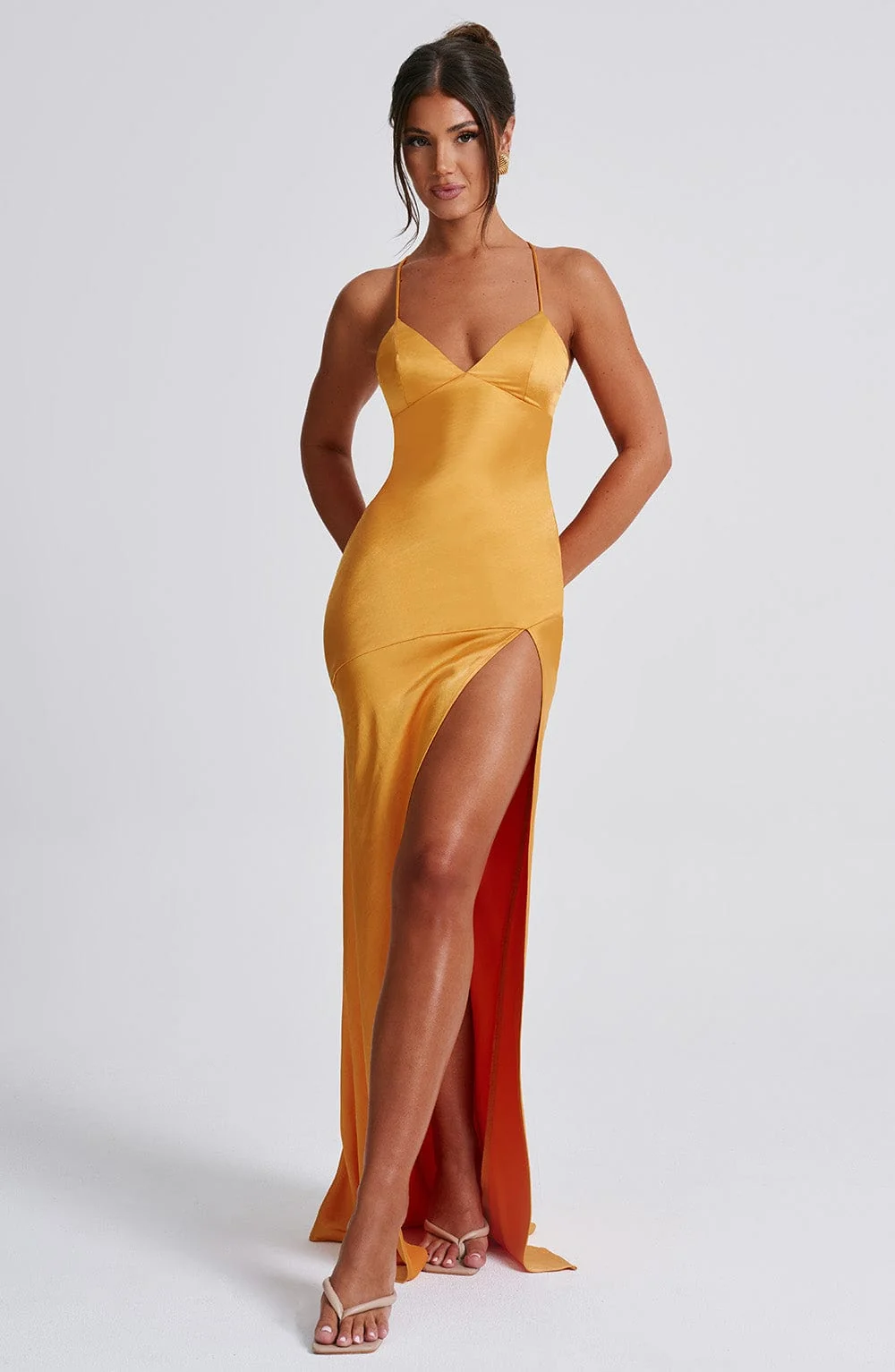 Tangerine Satin Maxi Dress - Plunge Neck & Thigh High Split