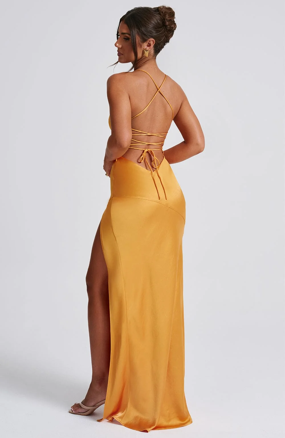 Tangerine Satin Maxi Dress - Plunge Neck & Thigh High Split