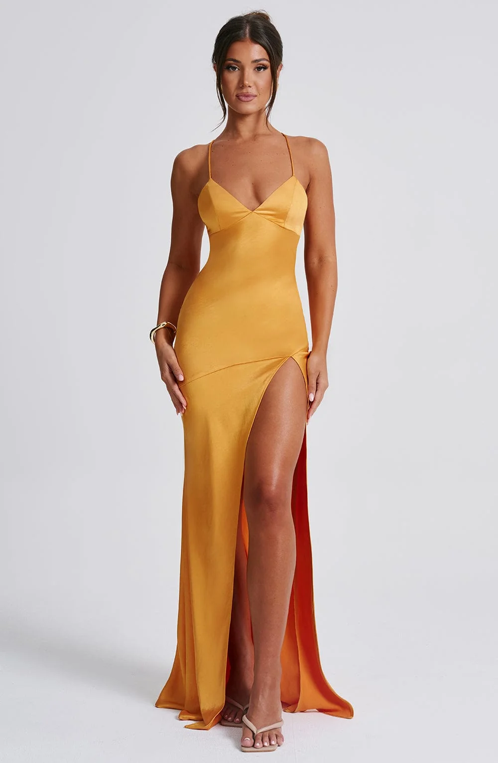 Tangerine Satin Maxi Dress - Plunge Neck & Thigh High Split