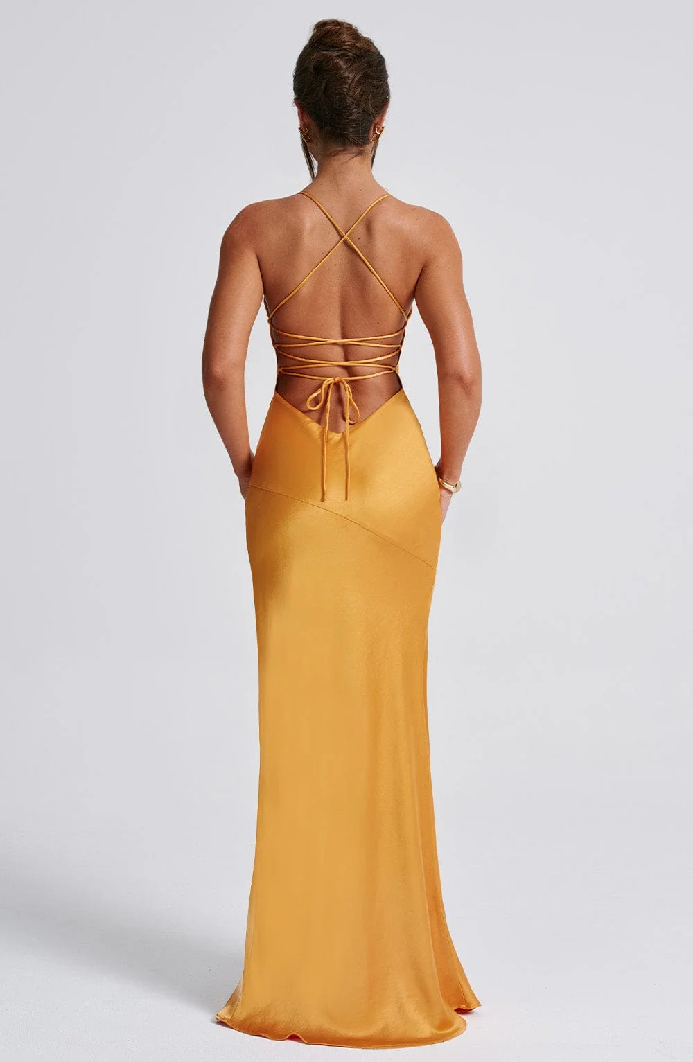 Tangerine Satin Maxi Dress - Plunge Neck & Thigh High Split