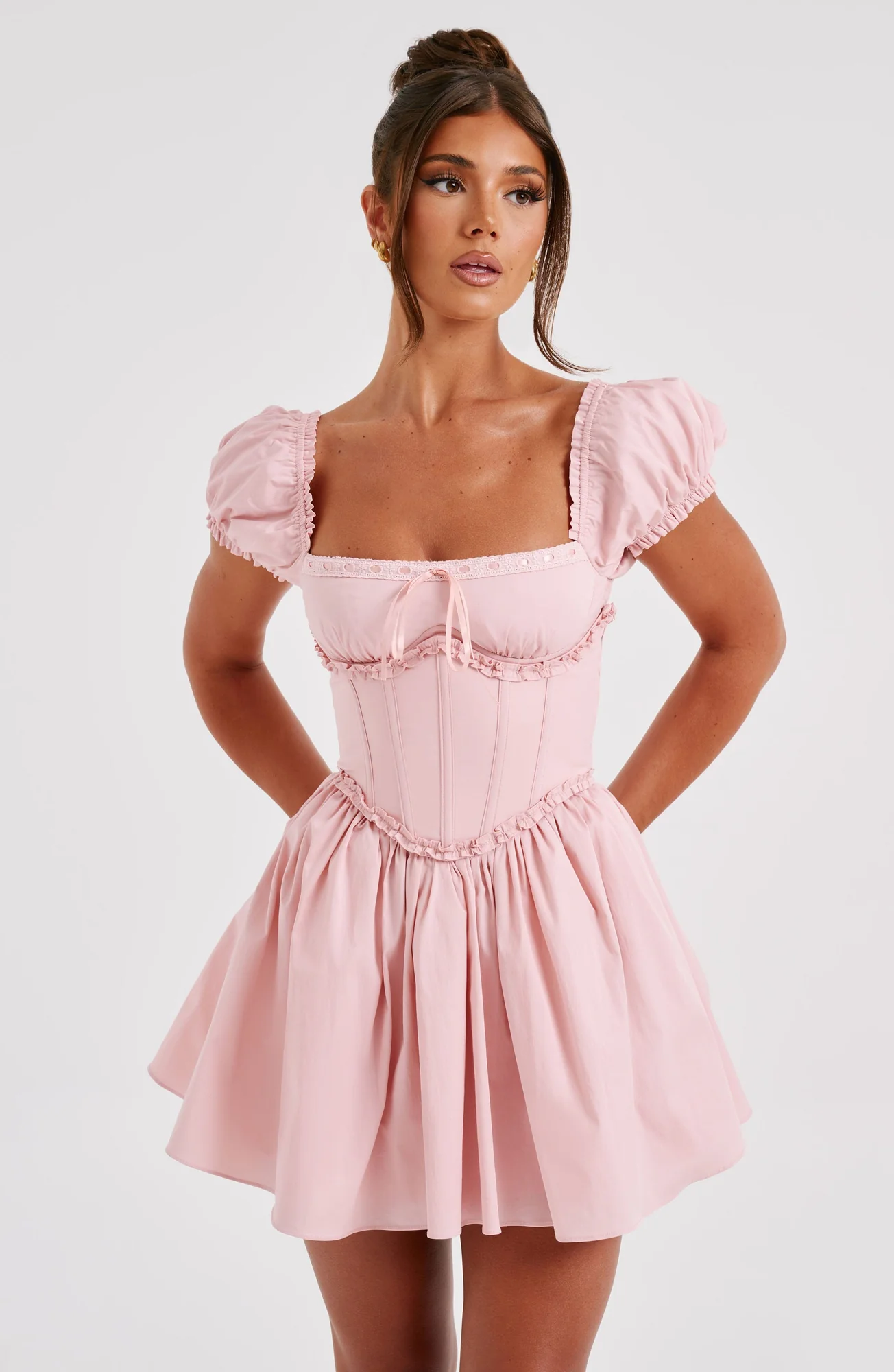 Blush Mini Dress with Puffed Sleeves and Waist Cinching