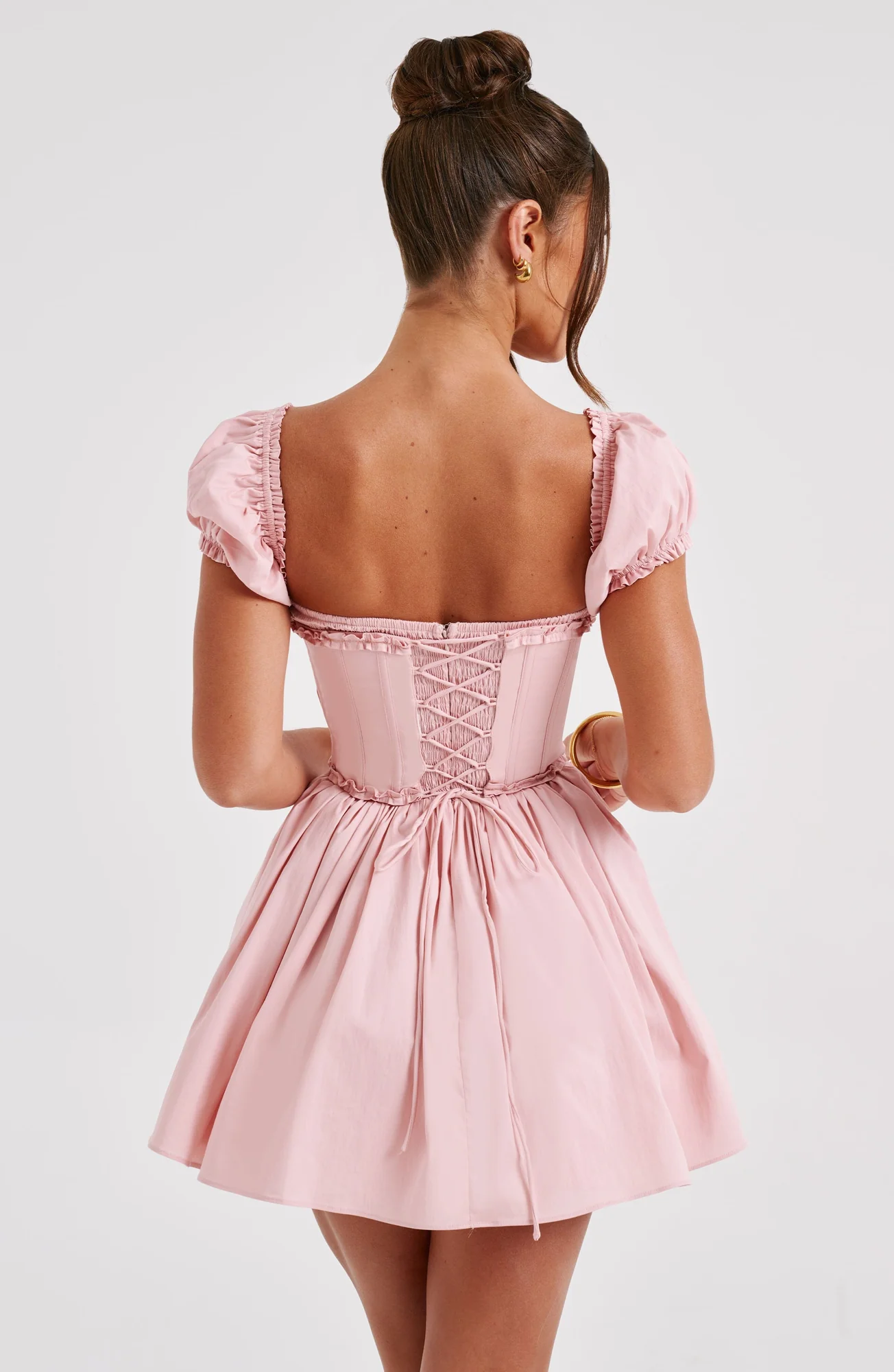 Blush Mini Dress with Puffed Sleeves and Waist Cinching