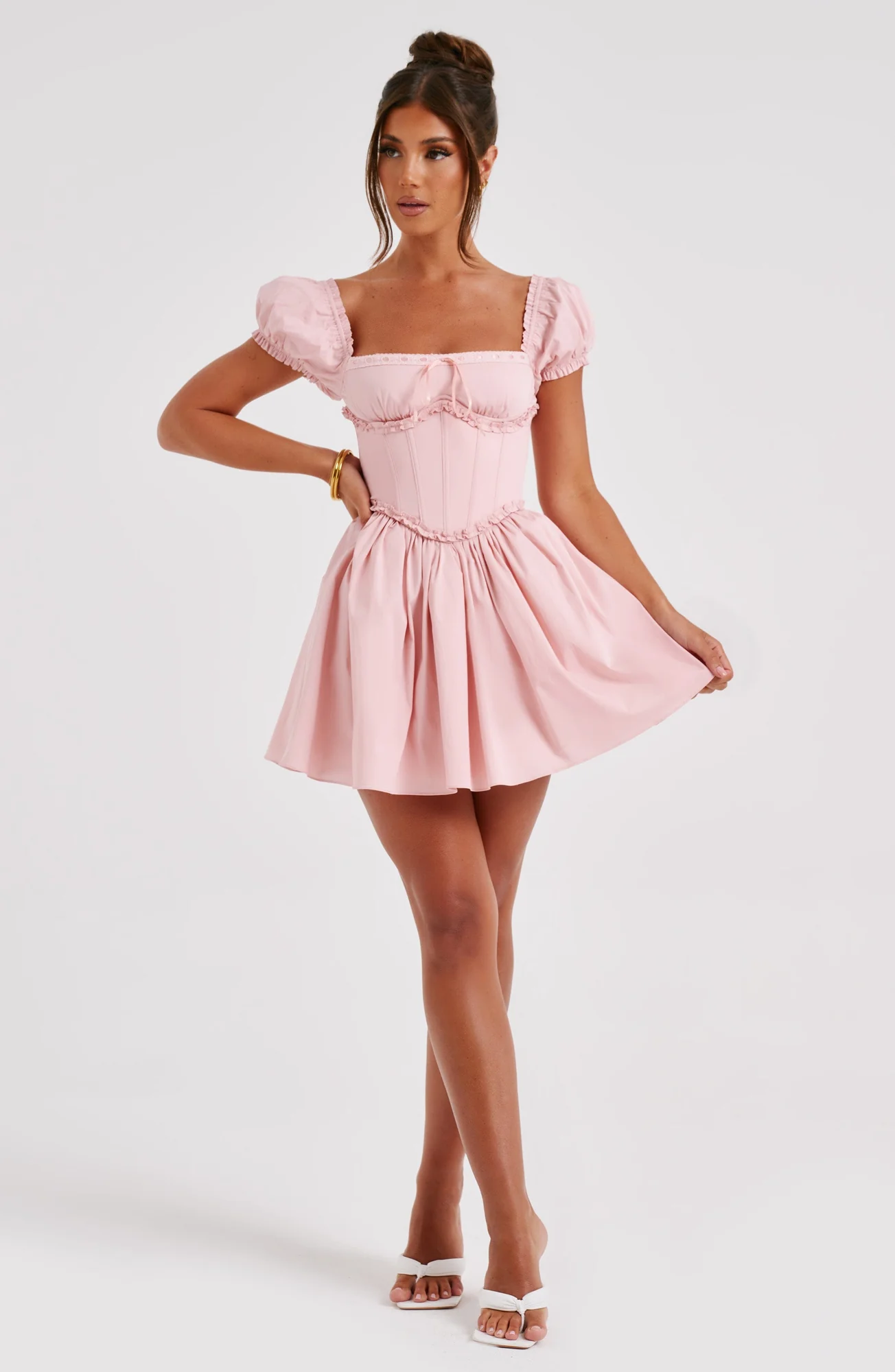 Blush Mini Dress with Puffed Sleeves and Waist Cinching