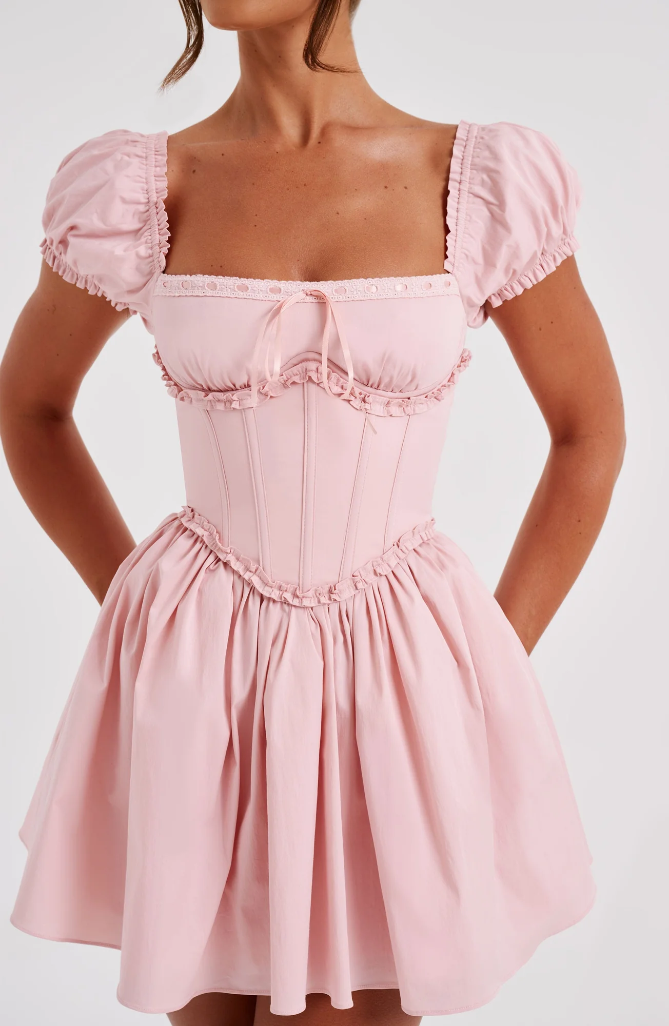 Blush Mini Dress with Puffed Sleeves and Waist Cinching