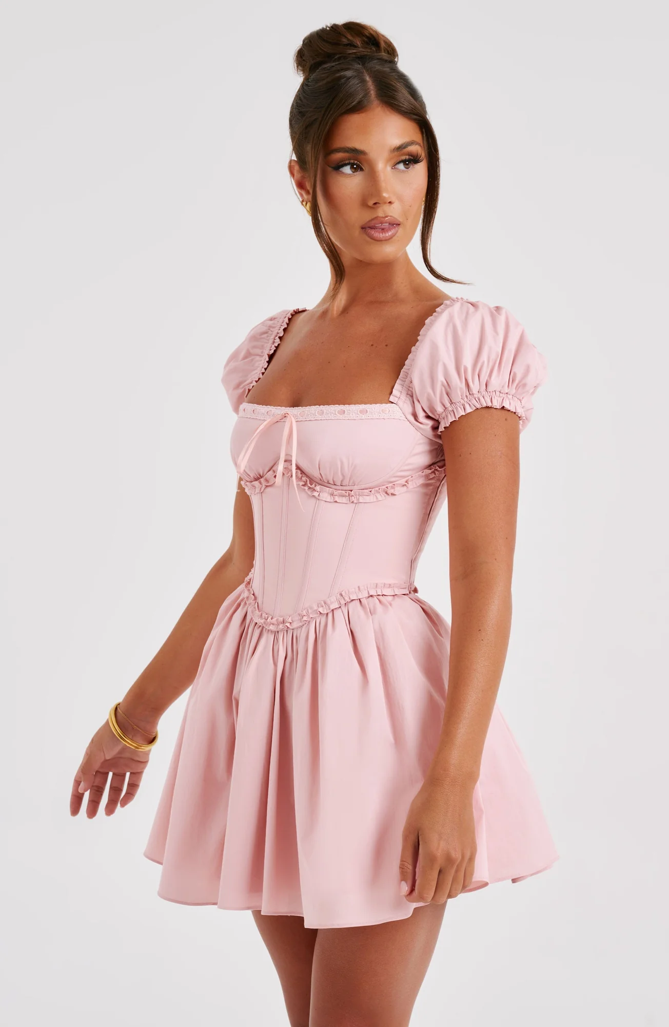 Blush Mini Dress with Puffed Sleeves and Waist Cinching