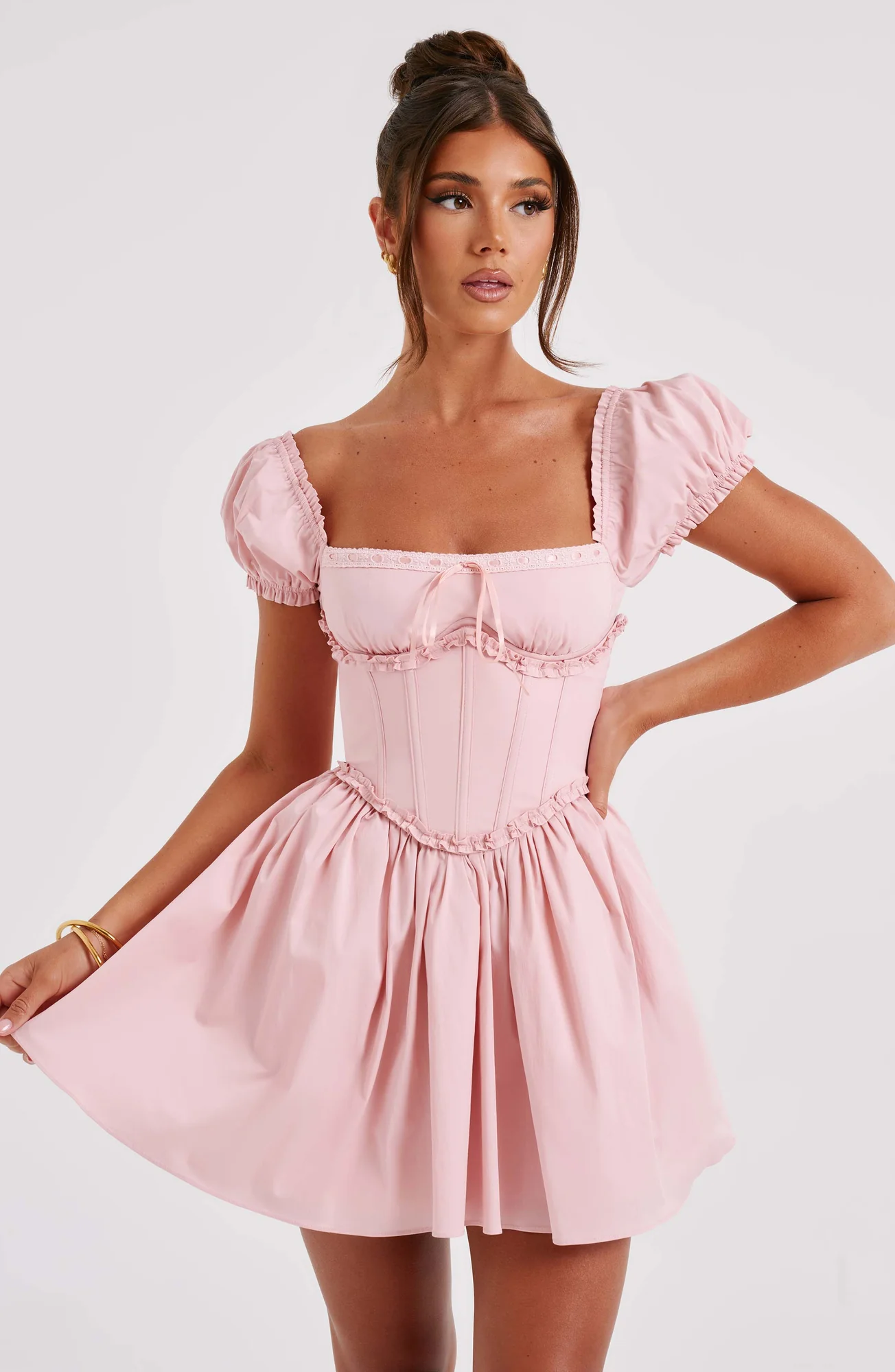 Blush Mini Dress with Puffed Sleeves and Waist Cinching