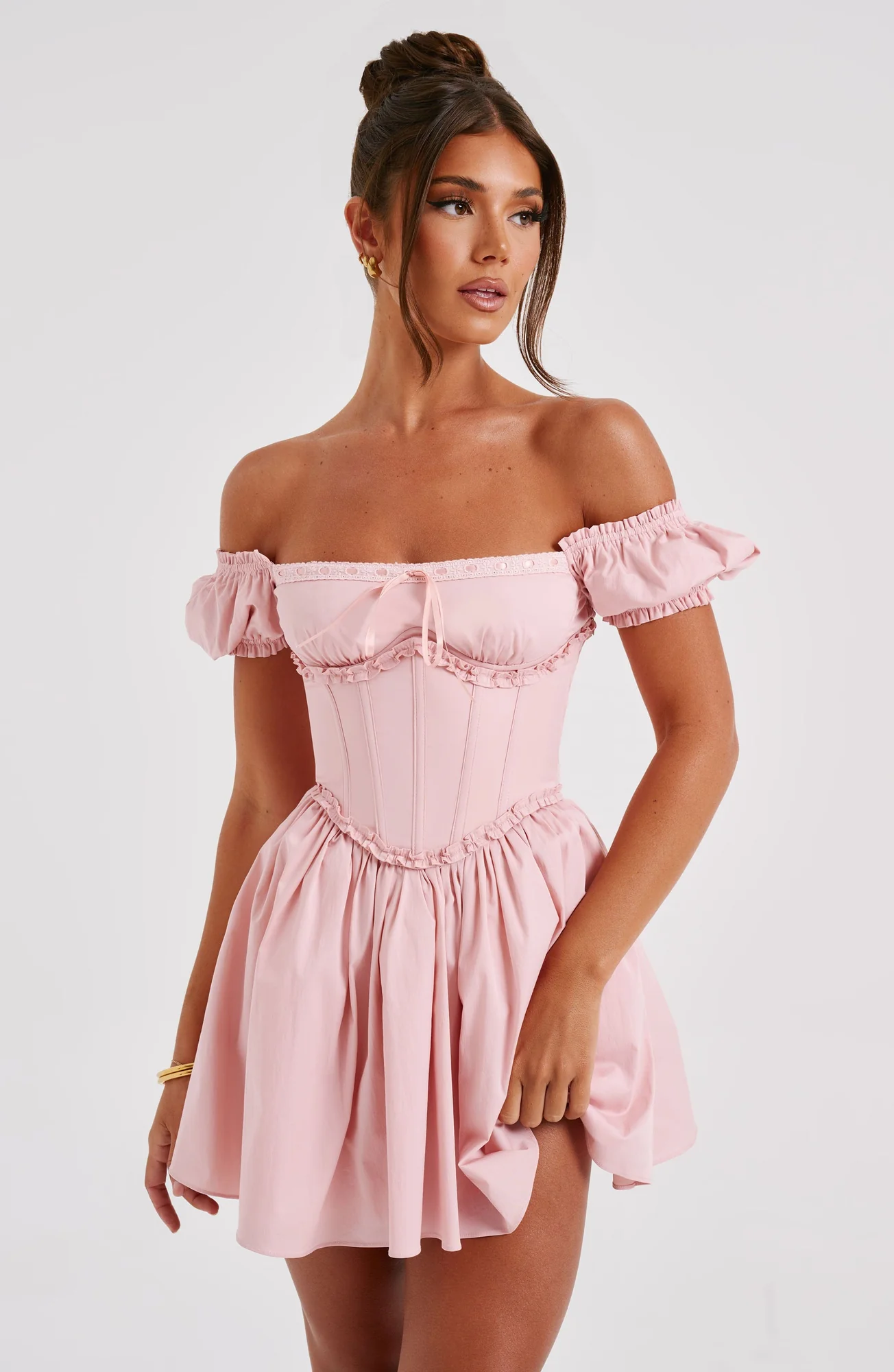 Blush Mini Dress with Puffed Sleeves and Waist Cinching