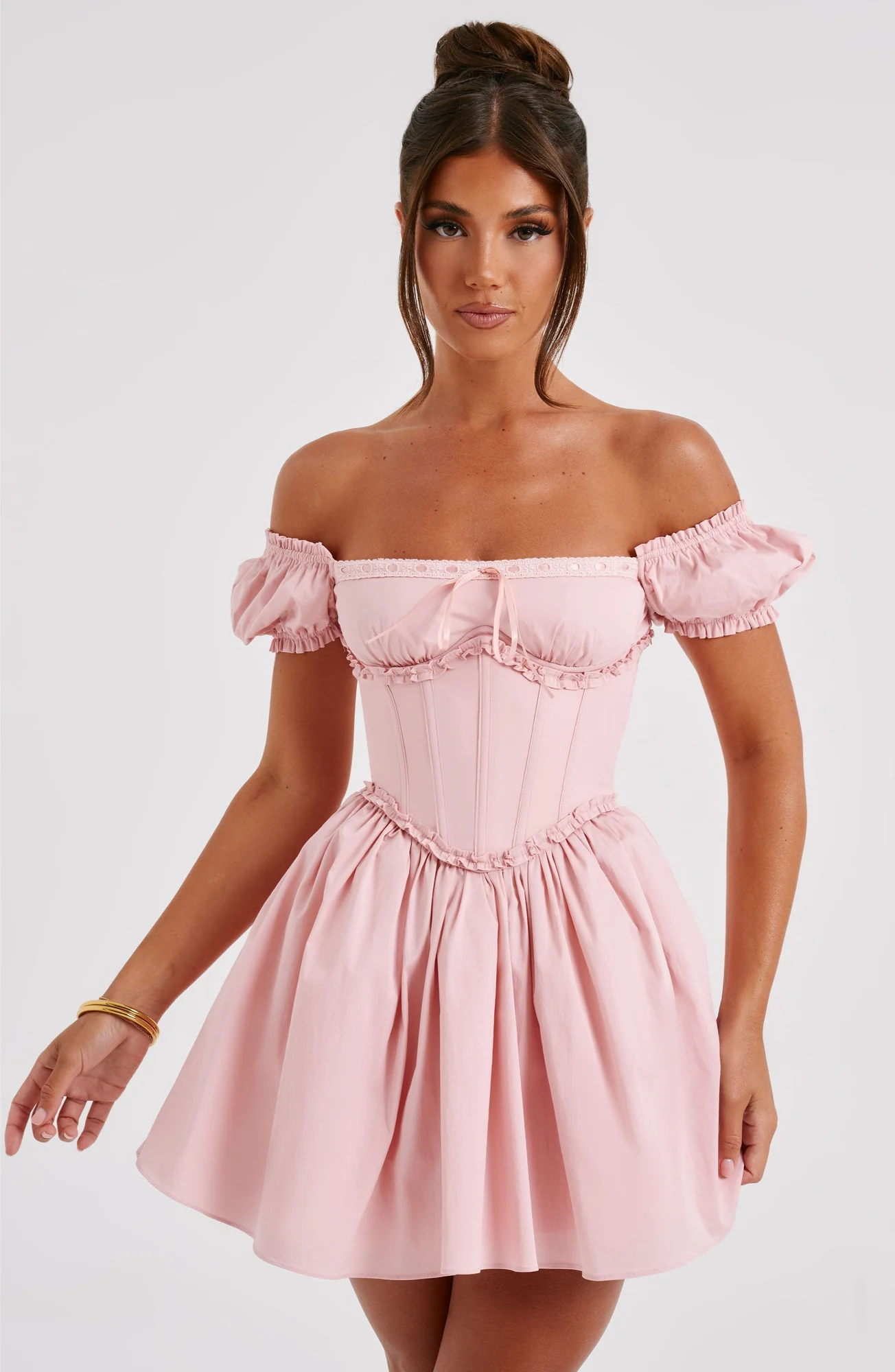Blush Mini Dress with Puffed Sleeves and Waist Cinching