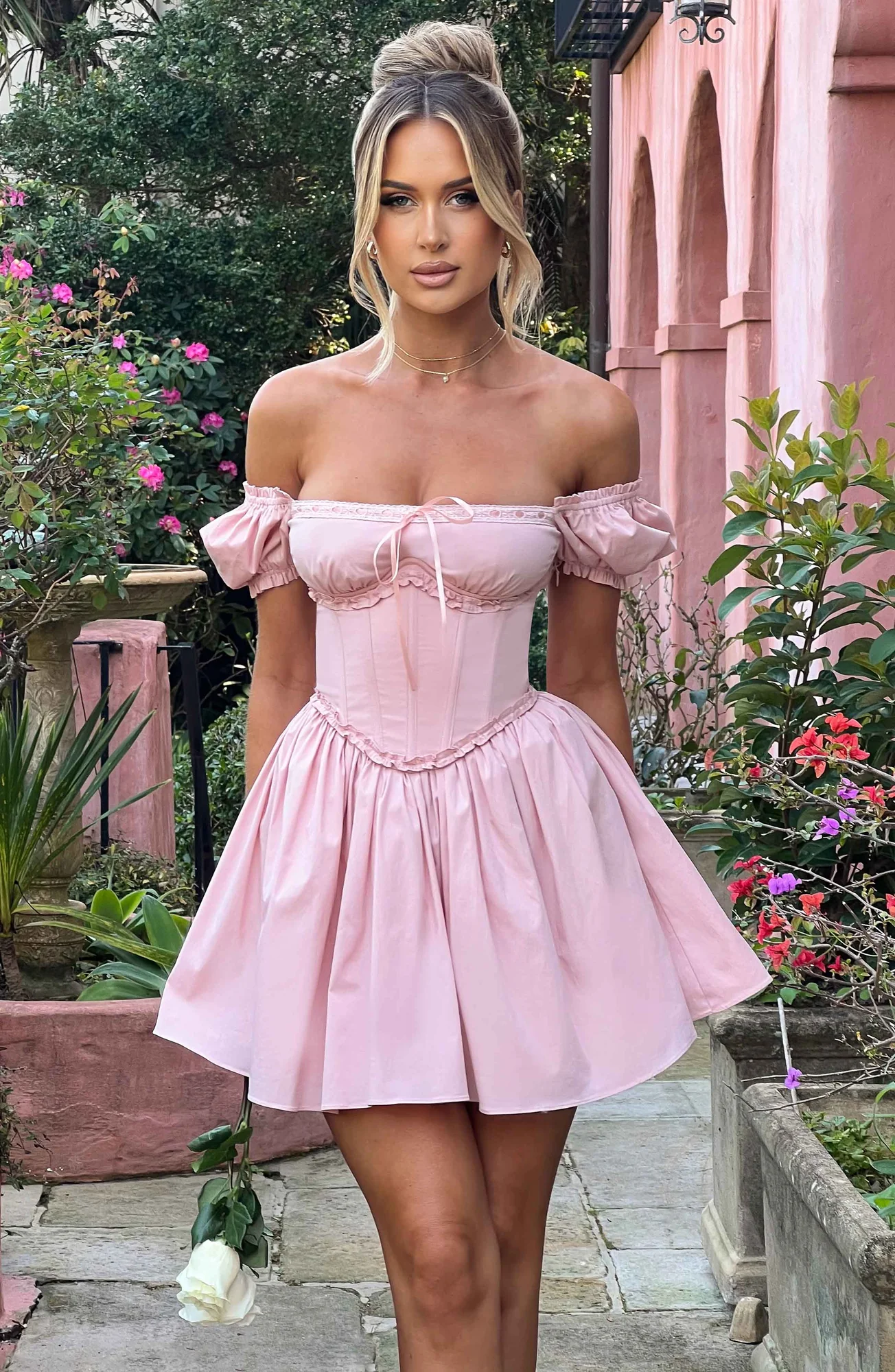 Blush Mini Dress with Puffed Sleeves and Waist Cinching
