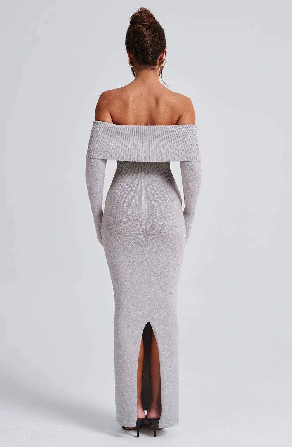 Light Grey Marl Knit Maxi Dress - Premium Off-Shoulder Style