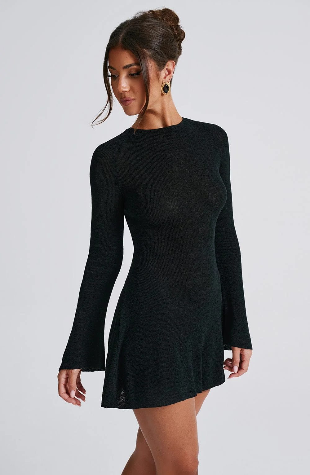 Black Knit A-Line Mini Dress with Open Back