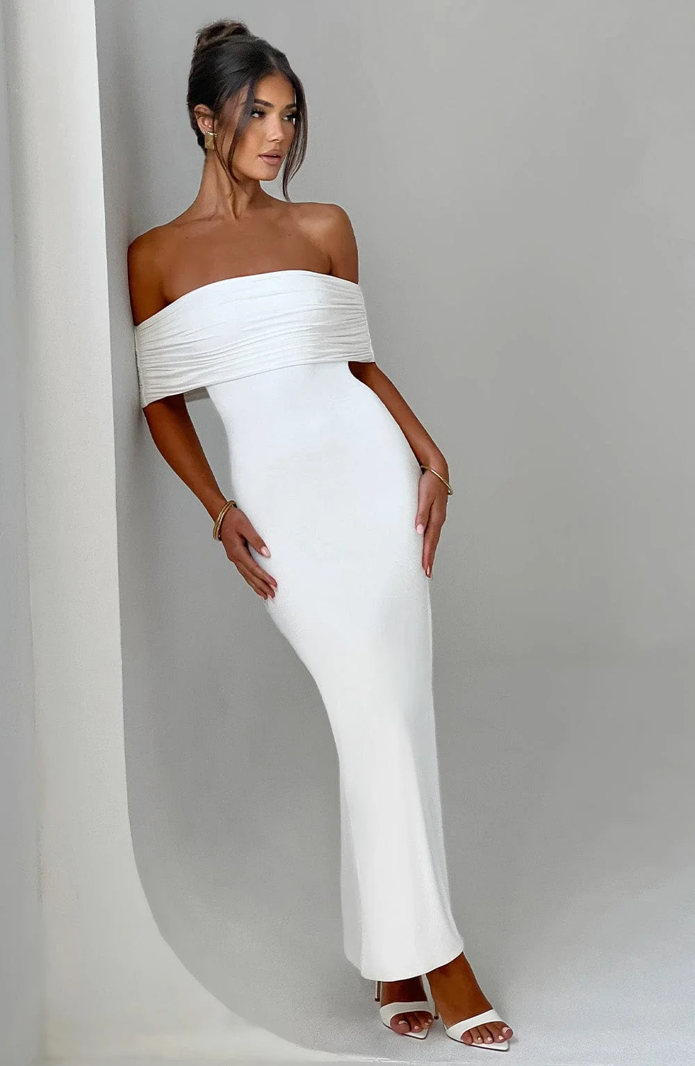 Ivory Off-the-Shoulder Maxi Dress - Elegant Double Layered Design