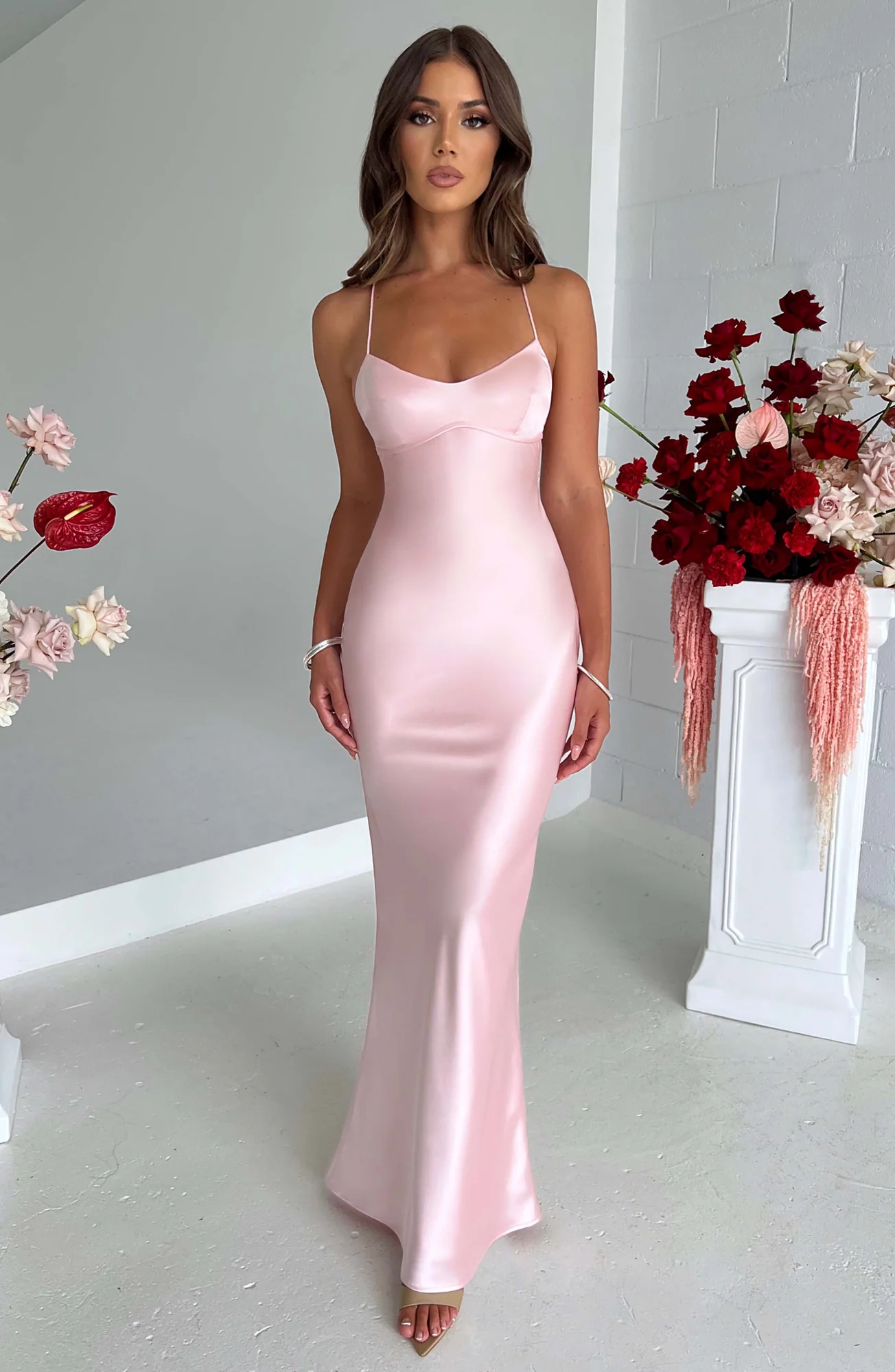 Blush Satin Maxi Dress with Criss Cross Back Detail