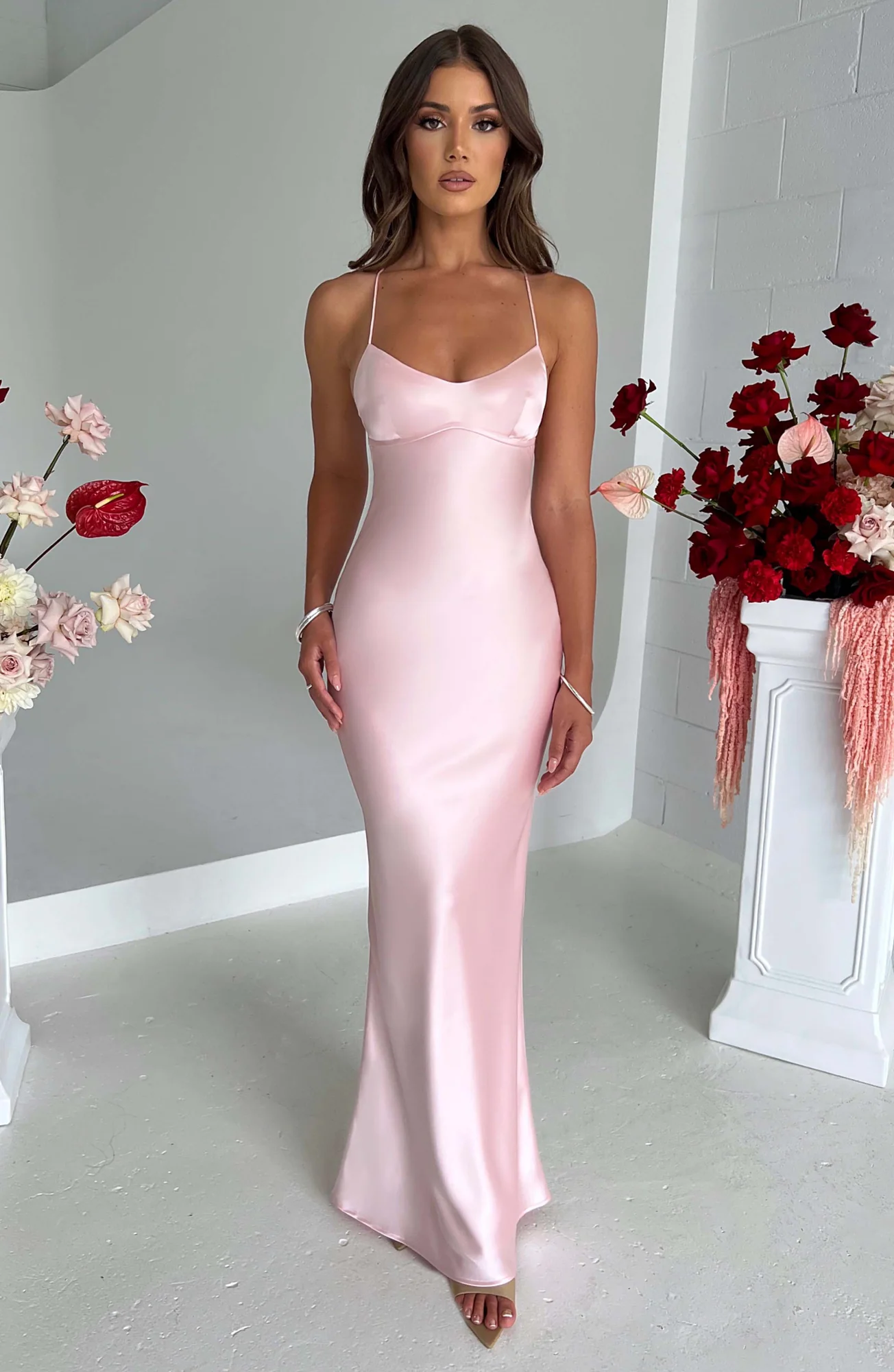 Blush Satin Maxi Dress with Criss Cross Back Detail