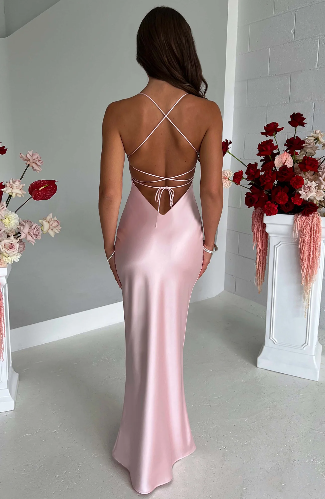 Blush Satin Maxi Dress with Criss Cross Back Detail
