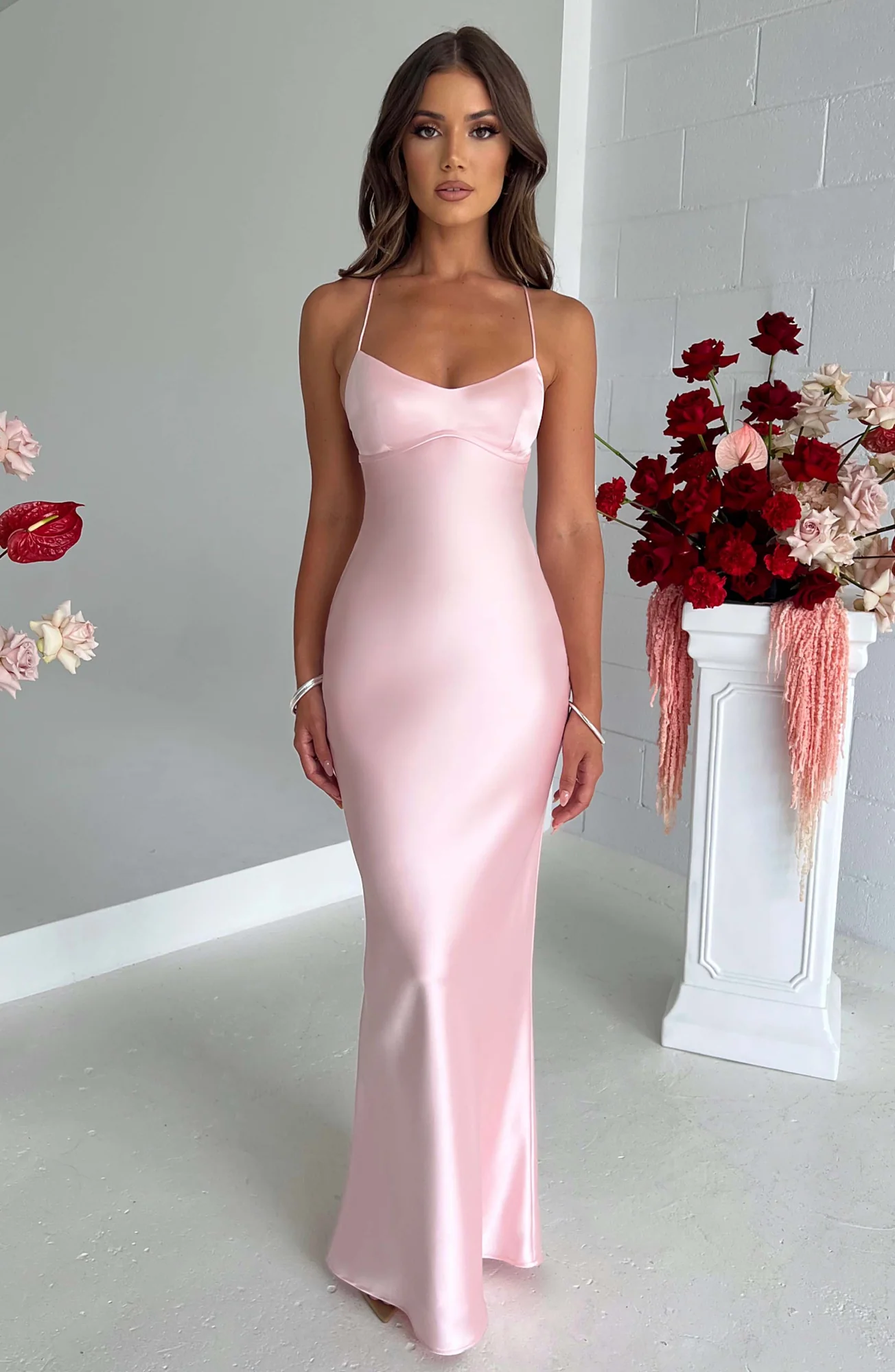 Blush Satin Maxi Dress with Criss Cross Back Detail