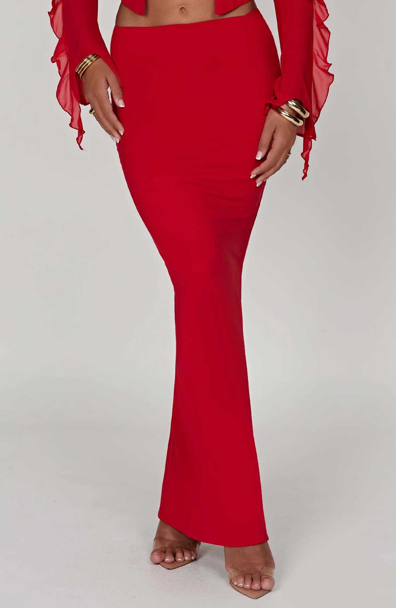 Red Double Layered Jersey Maxi Skirt - Figure-Hugging Fit