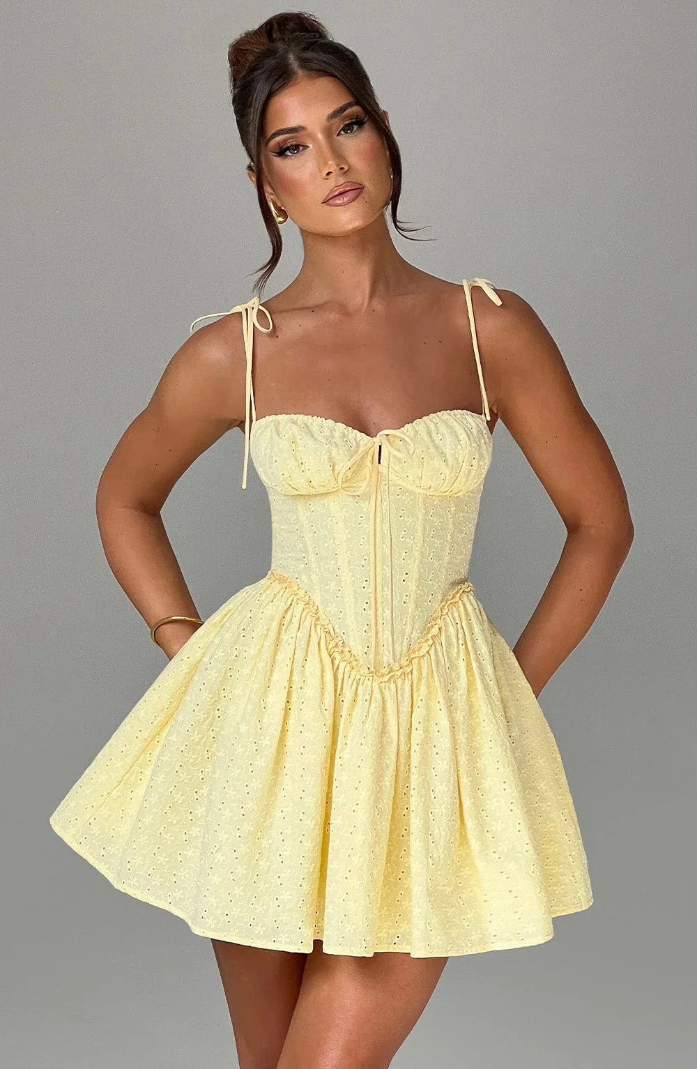 Lemon Cotton Broderie Anglaise Mini Dress with Corset Bodice