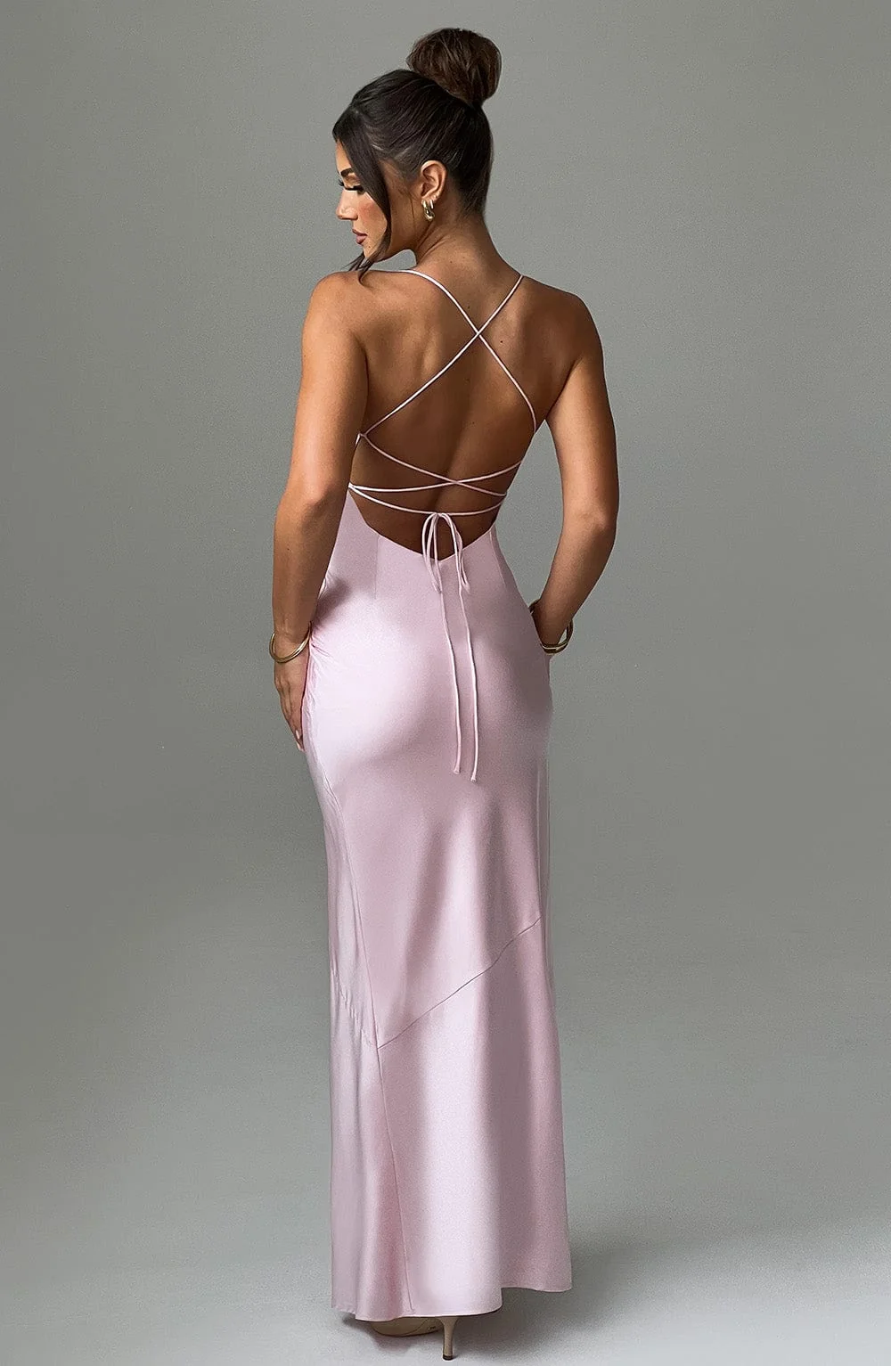 Blush Stretch Satin Maxi Dress with Cross Back Detail
